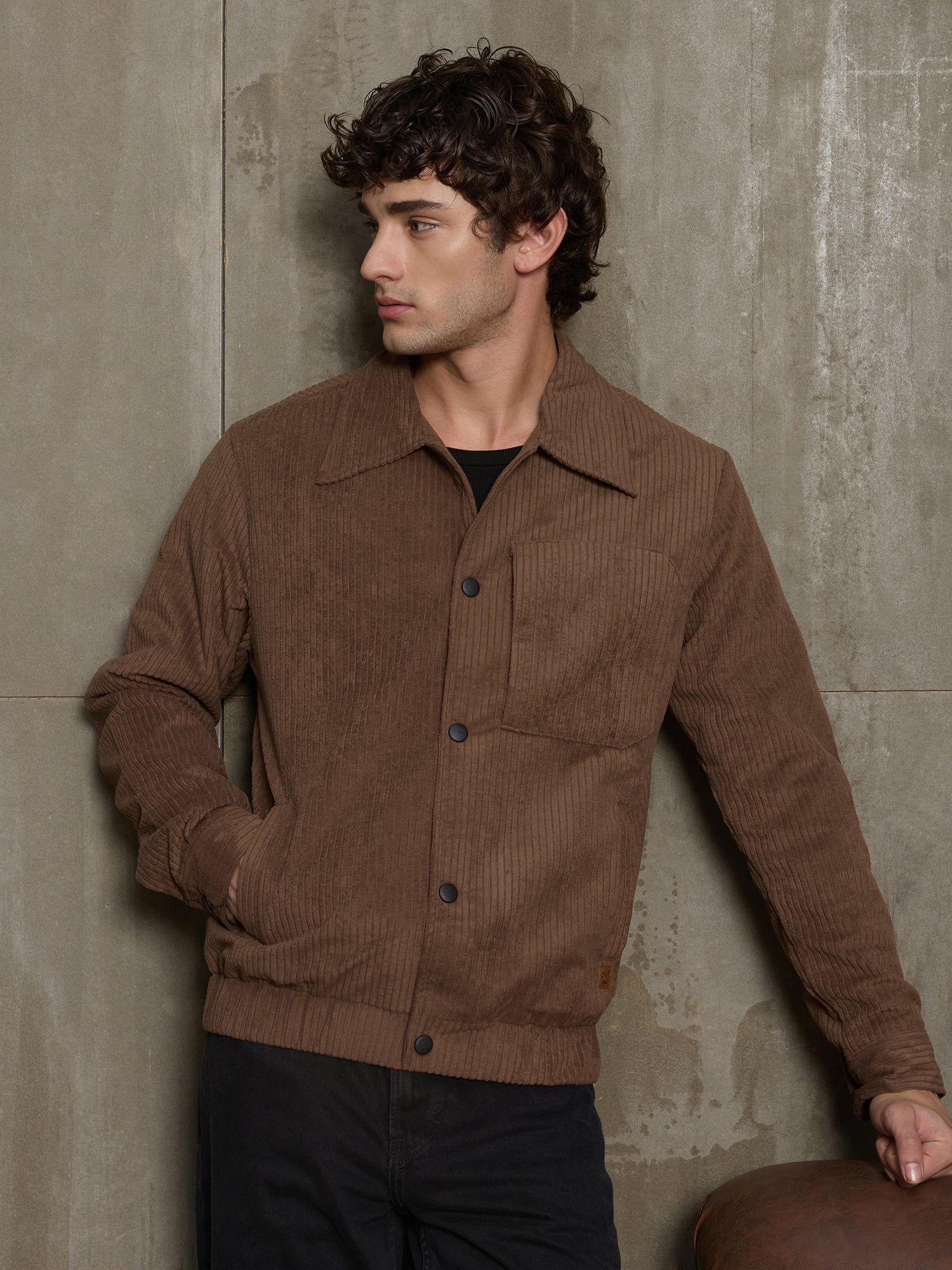 Men Brown Classic Self-Design Casual Jacket