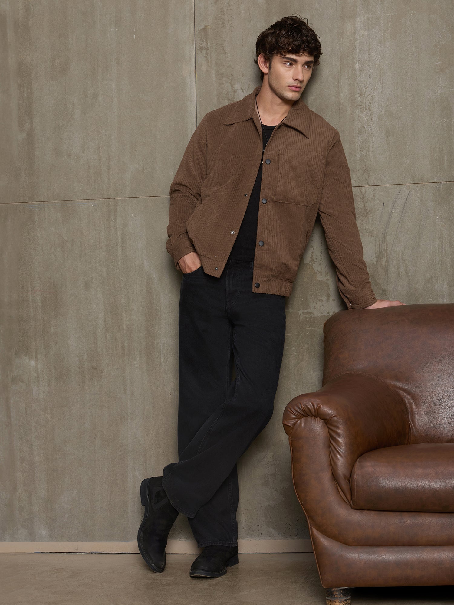 Men Brown Classic Self-Design Casual Jacket