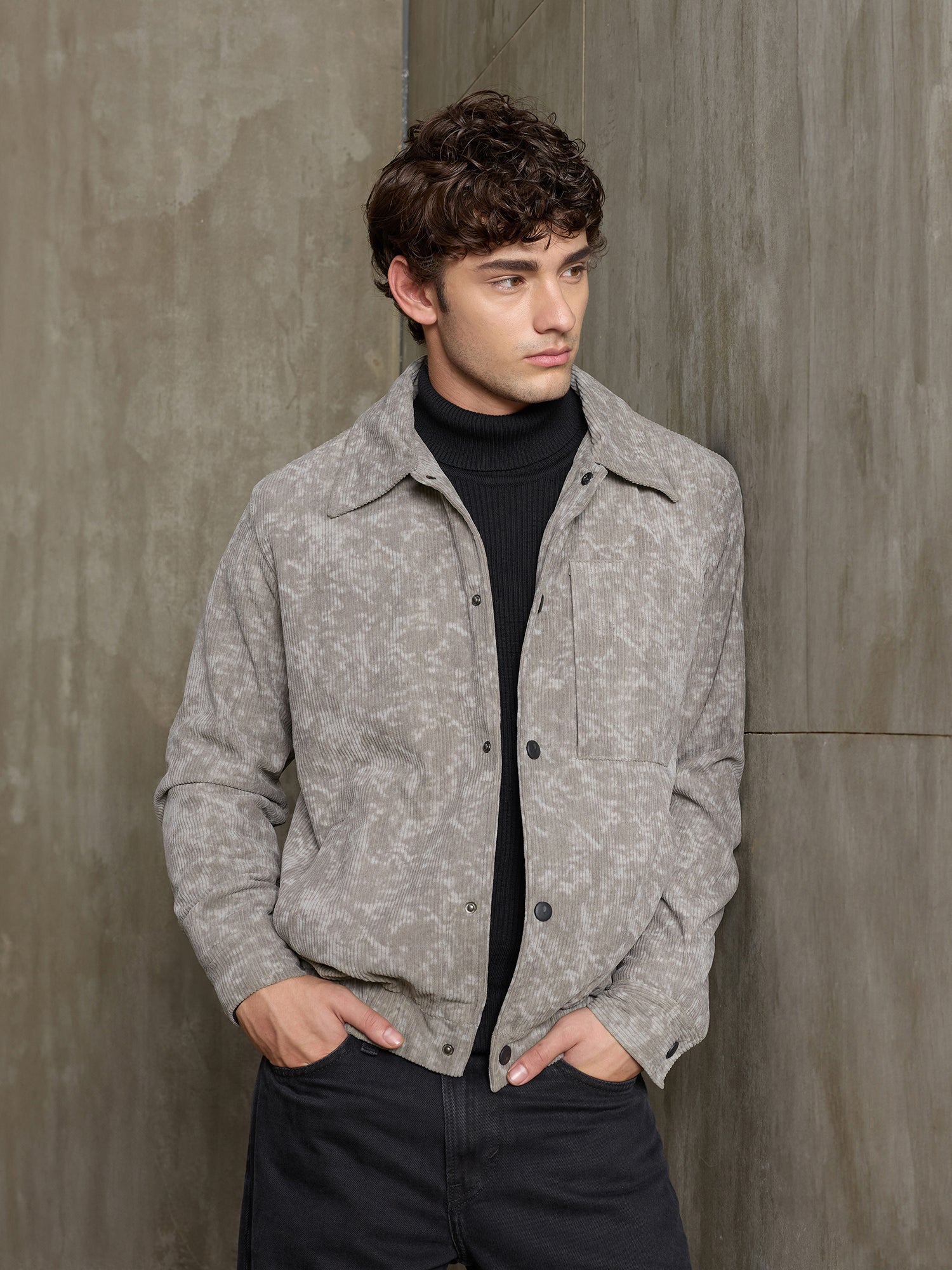 Men Grey Abstract Full Sleeve Casual Jacket