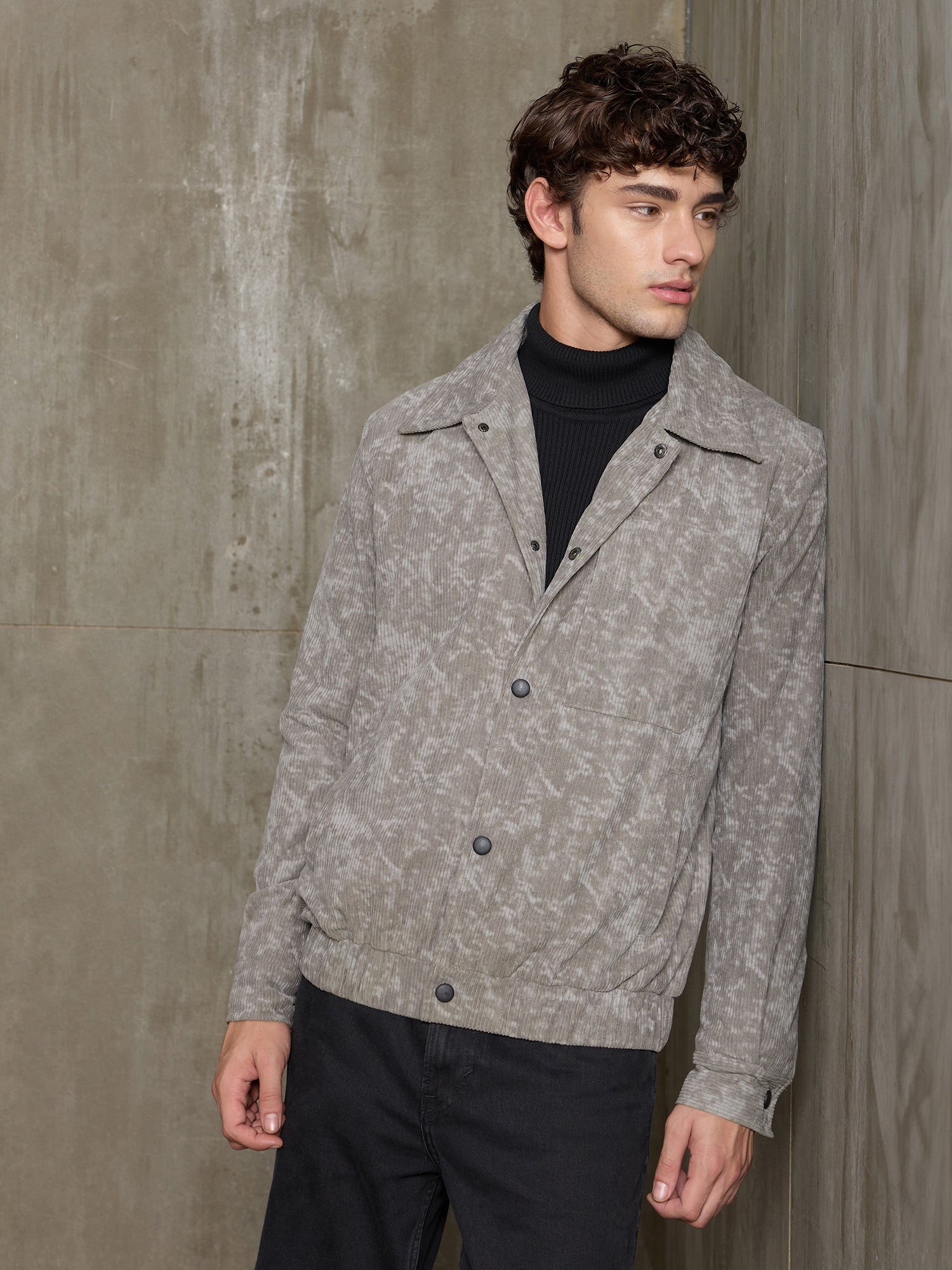 Men Grey Abstract Full Sleeve Casual Jacket
