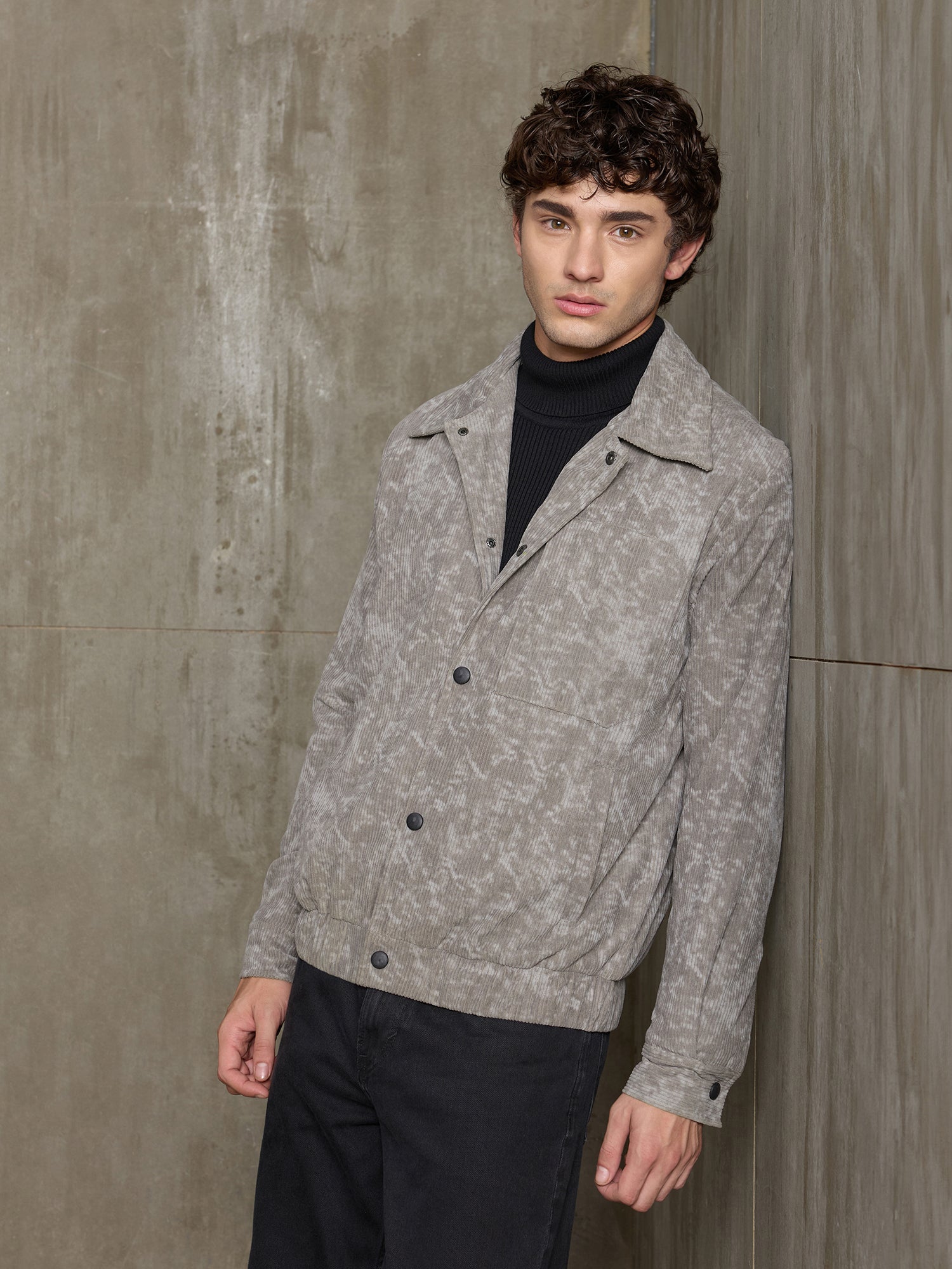 Men Grey Abstract Full Sleeve Casual Jacket