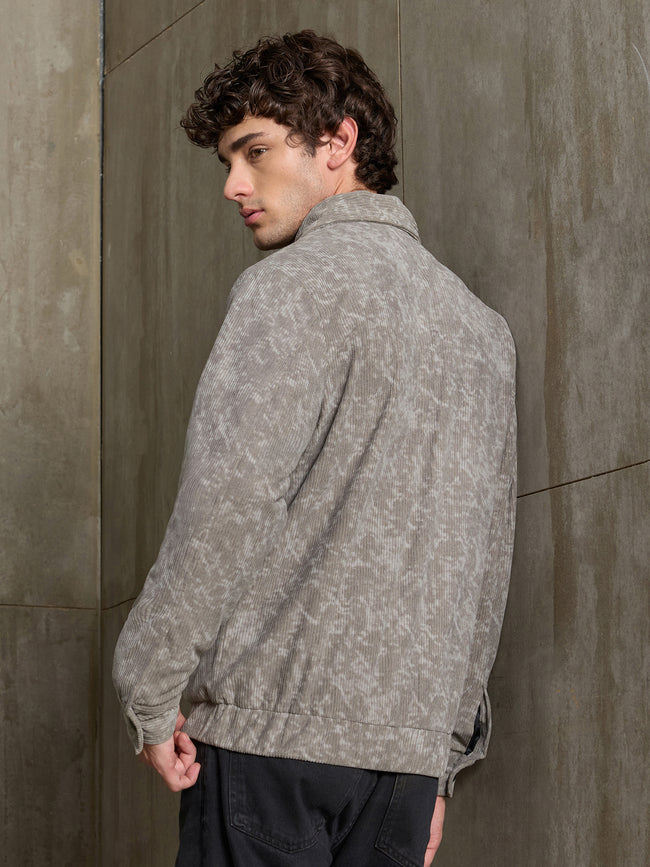 Men Grey Abstract Full Sleeve Casual Jacket