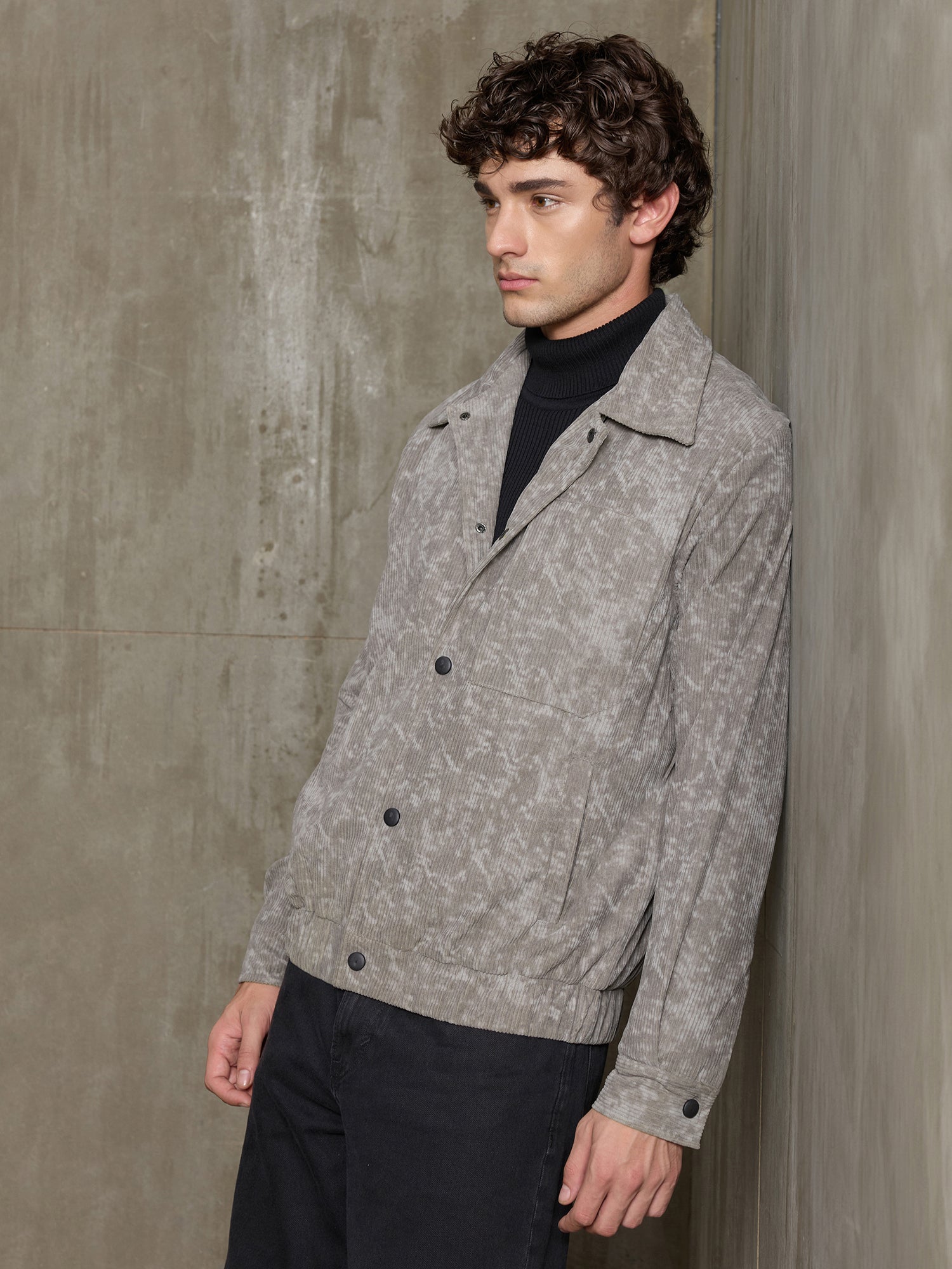 Men Grey Abstract Full Sleeve Casual Jacket