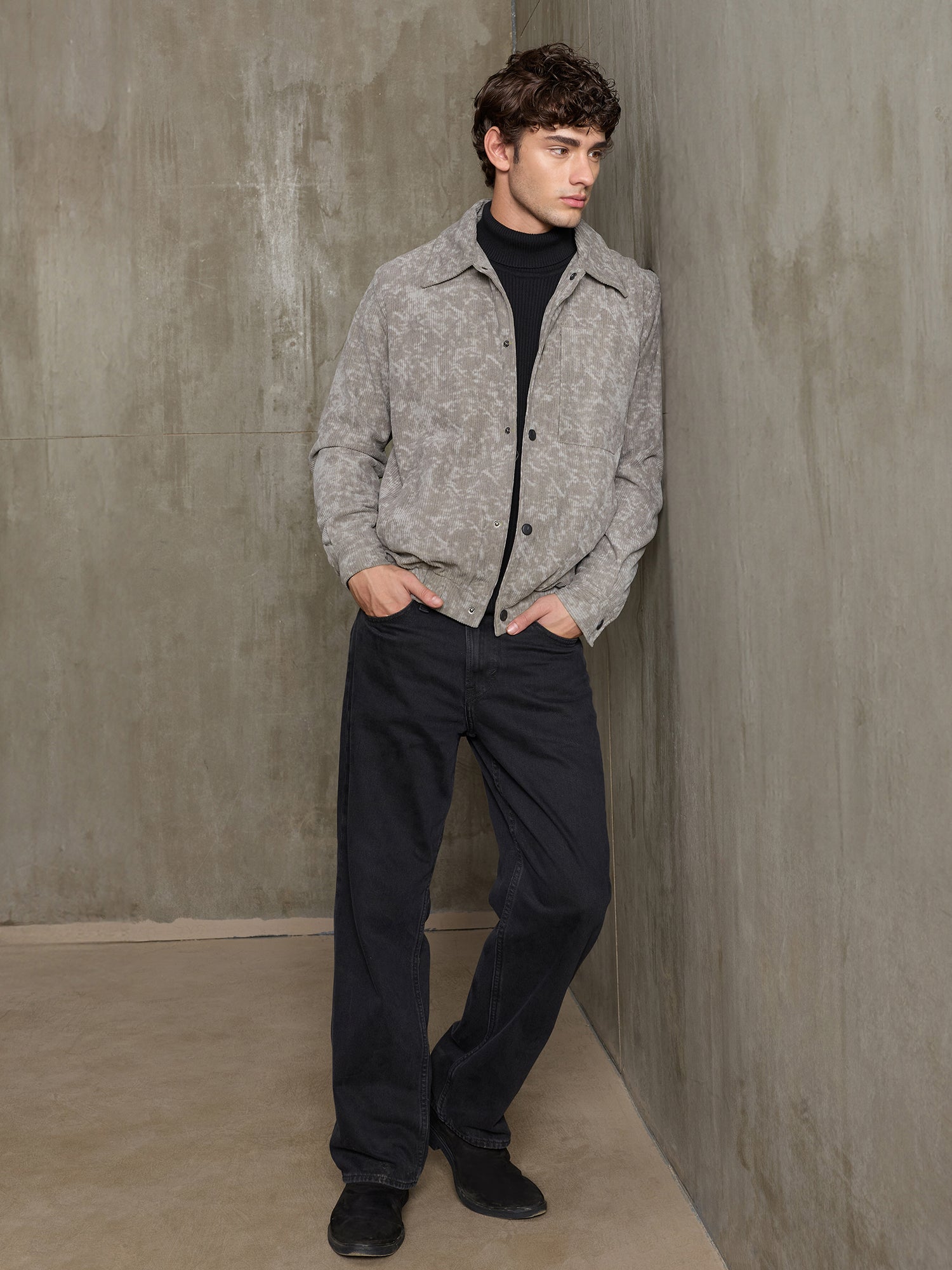 Men Grey Abstract Full Sleeve Casual Jacket