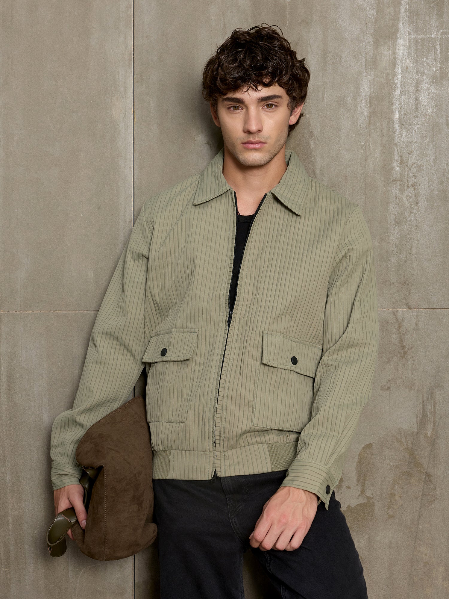 Men Sage Green Self-Design Casual Jacket