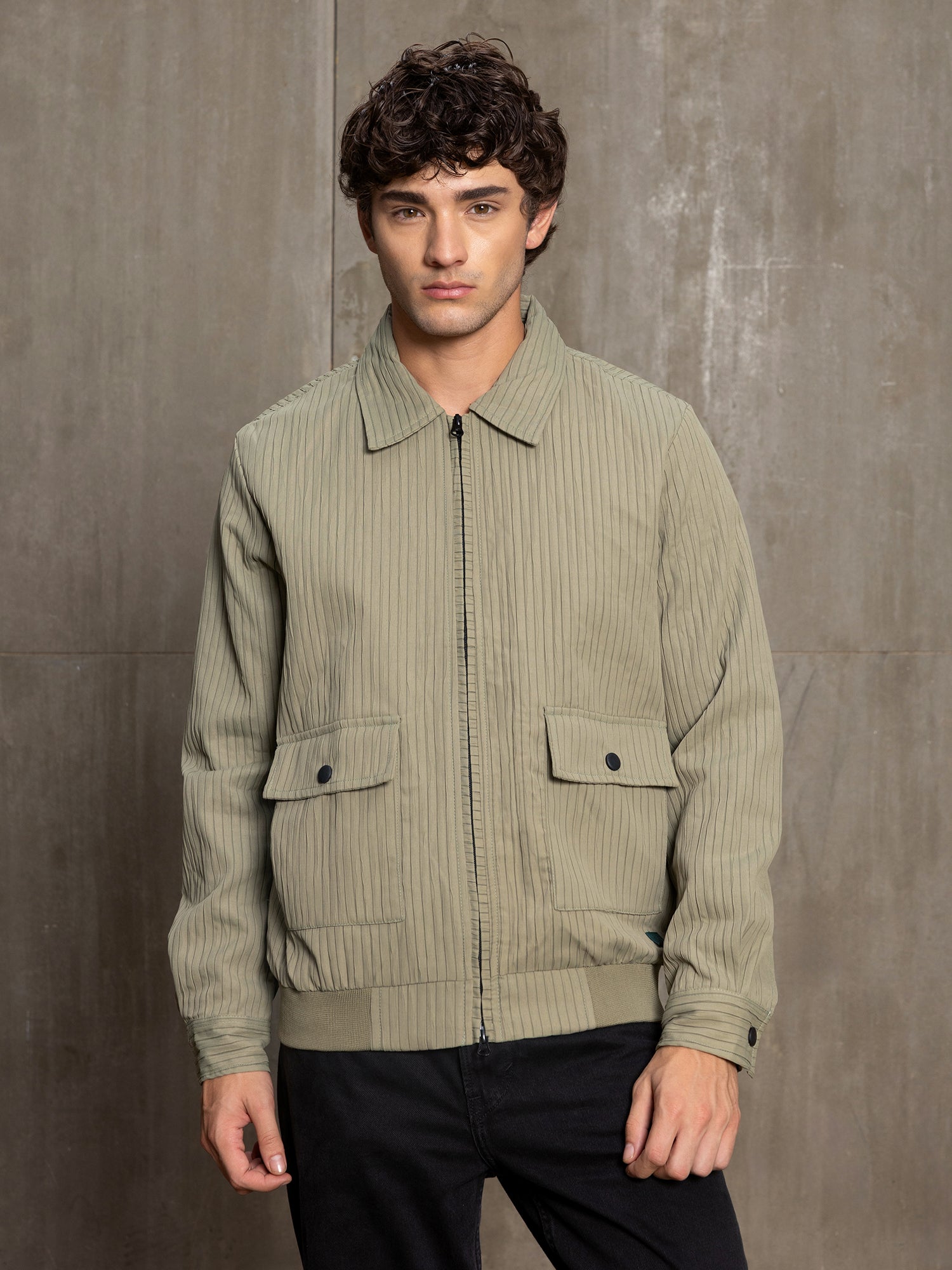 Men Sage Green Self-Design Casual Jacket