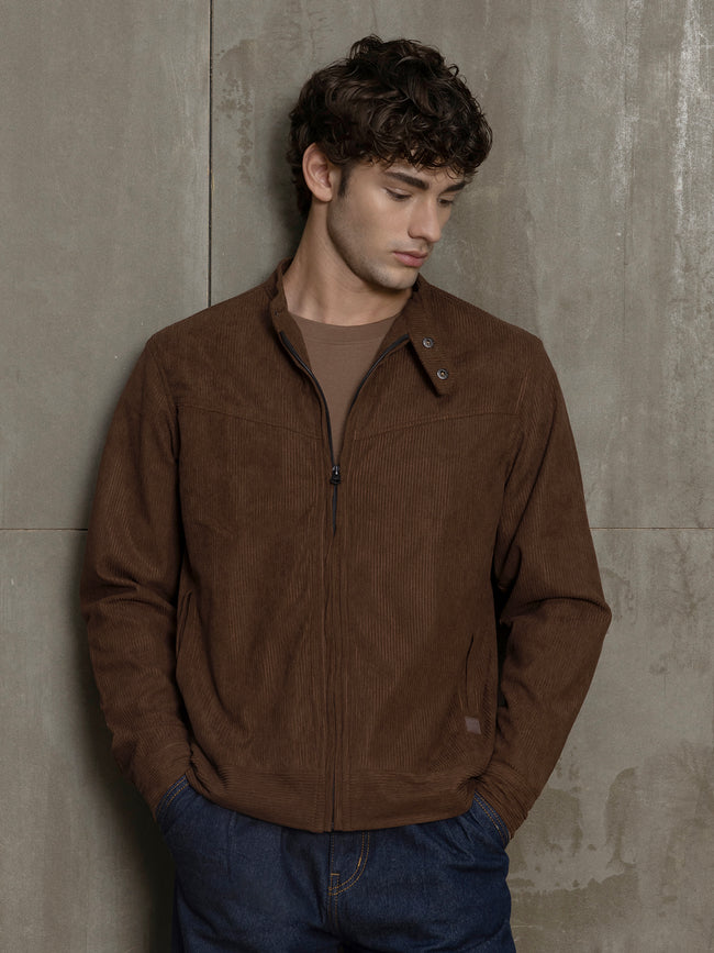 Men Brown Textured Self-Design Casual Jacket