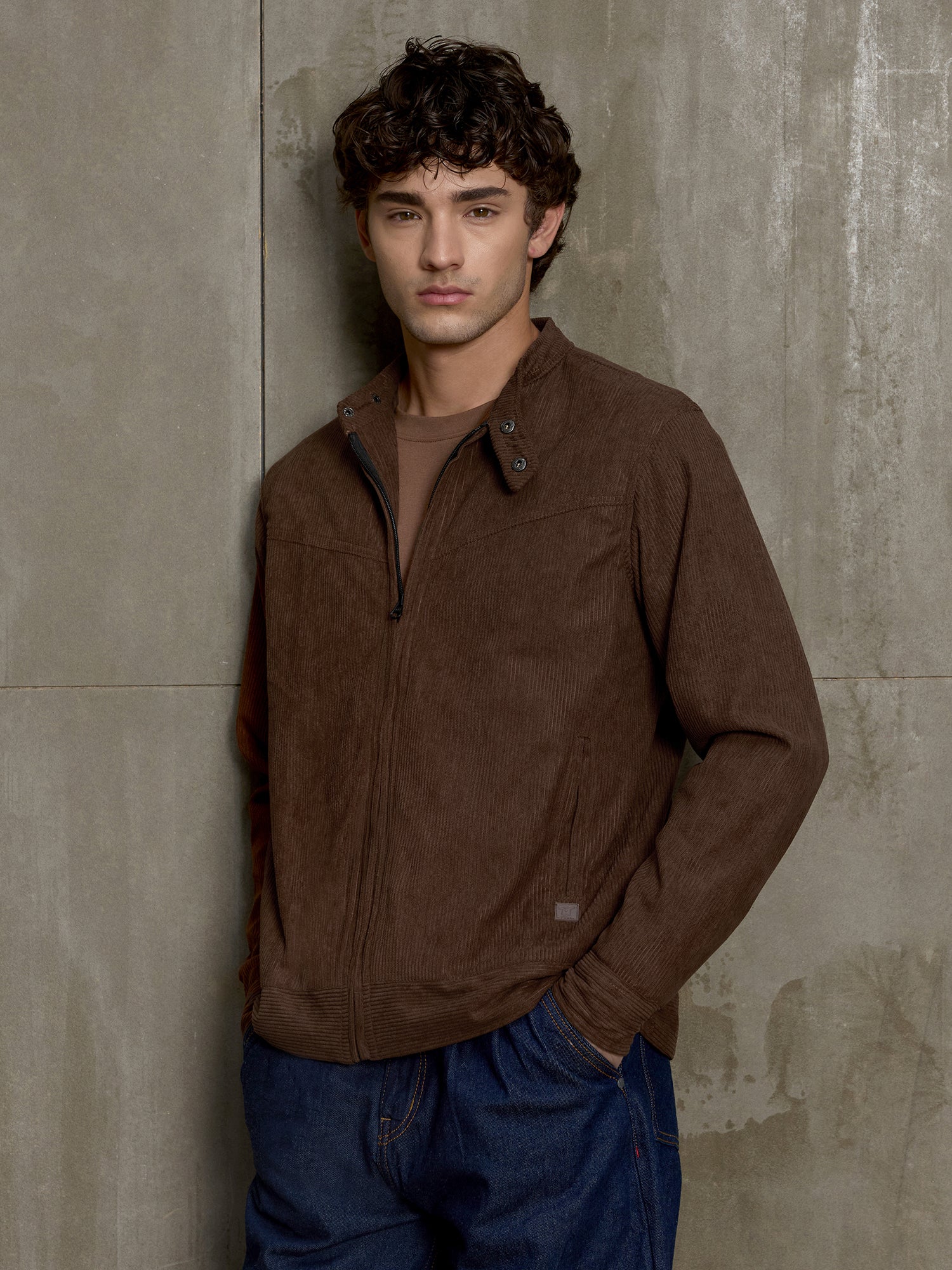 Men Brown Textured Self-Design Casual Jacket