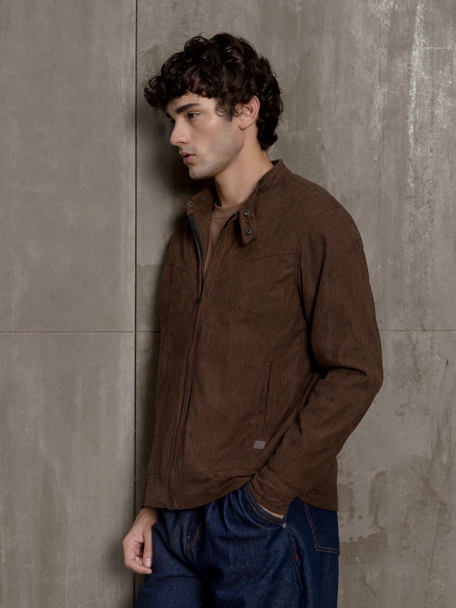 Men Brown Textured Self-Design Casual Jacket