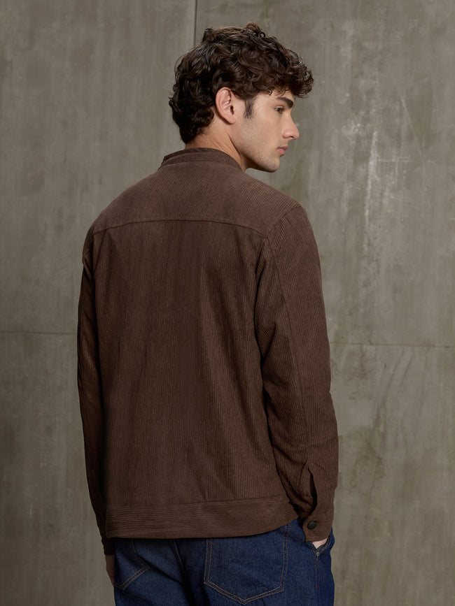Men Brown Textured Self-Design Casual Jacket