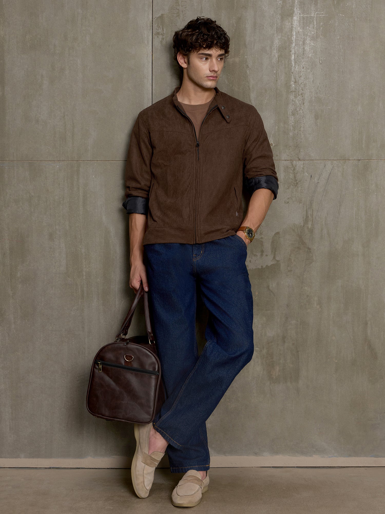Men Brown Textured Self-Design Casual Jacket