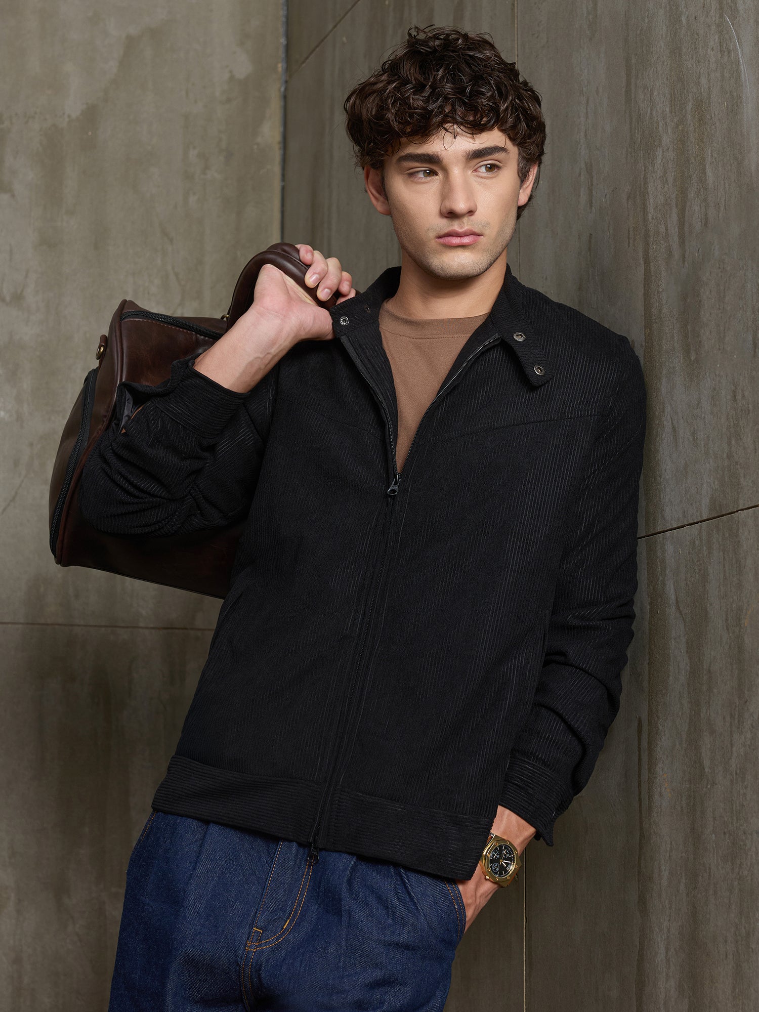 Men Black Solid Full Sleeve Casual Jacket