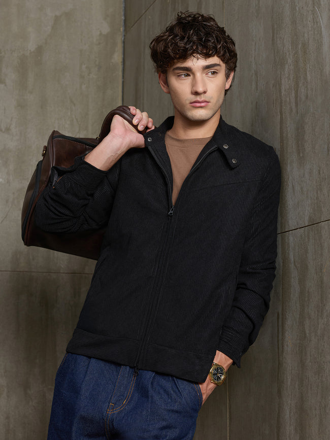 Men Black Solid Full Sleeve Casual Jacket