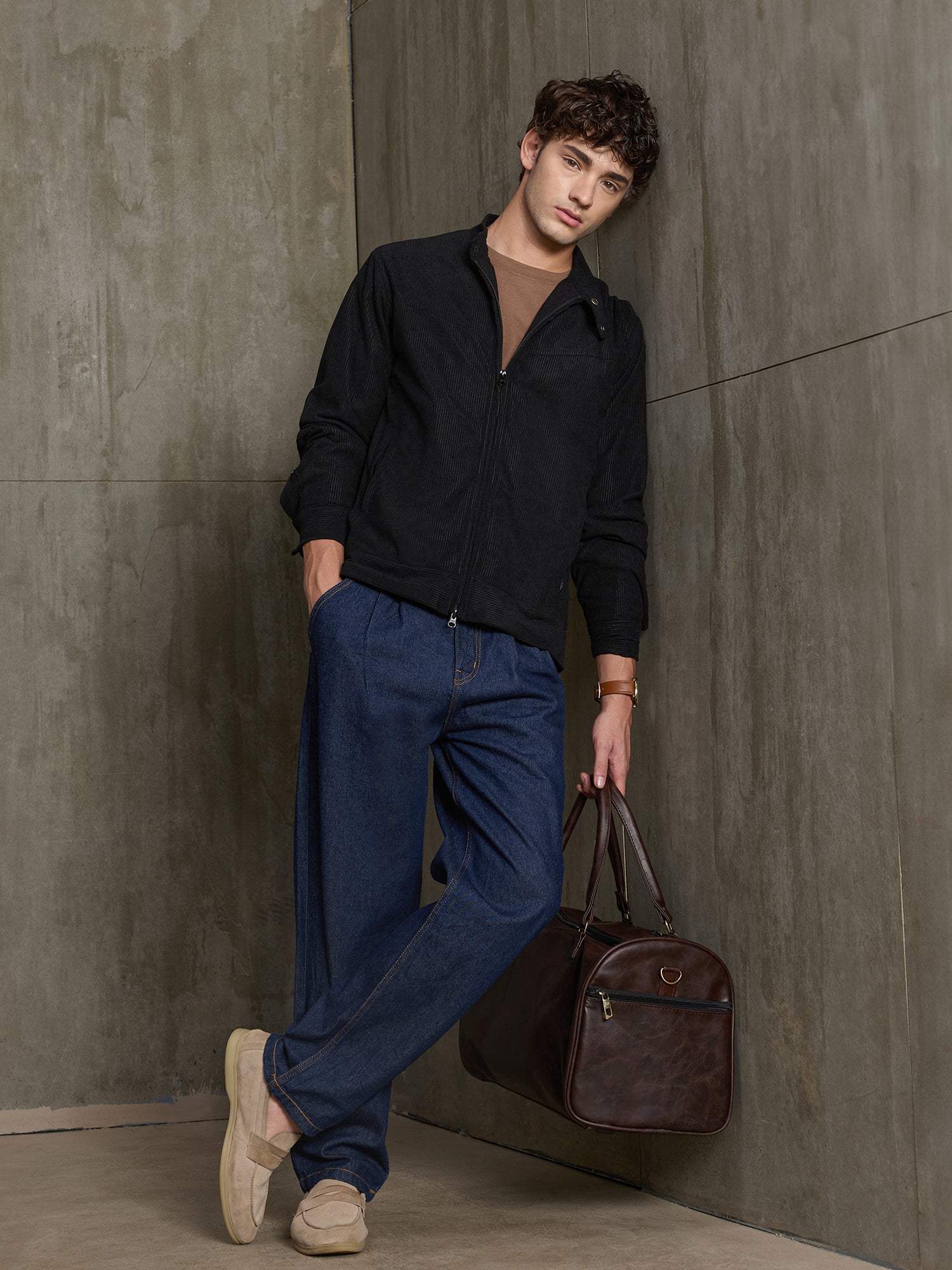 Men Black Solid Full Sleeve Casual Jacket