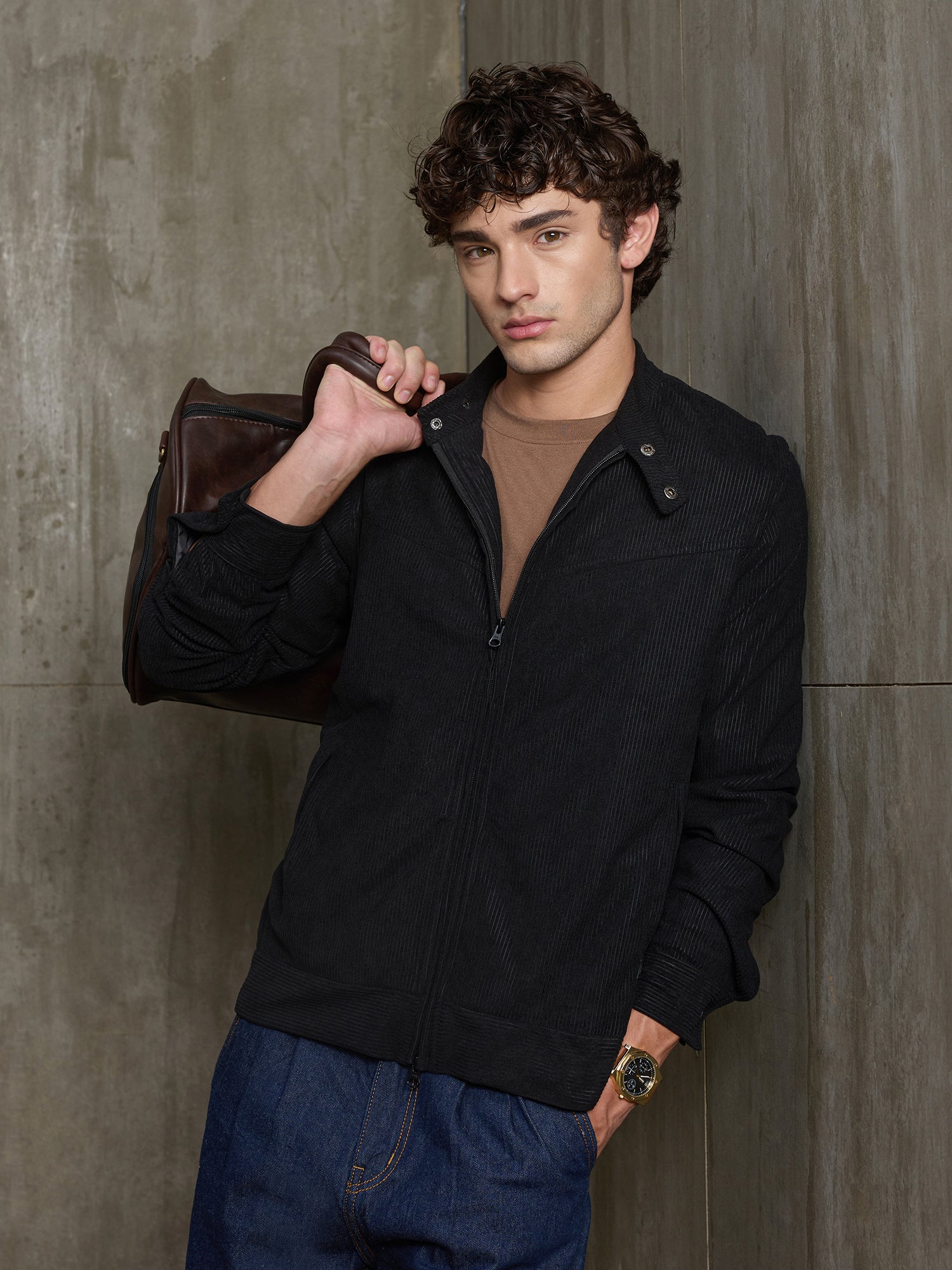 Men Black Solid Full Sleeve Casual Jacket