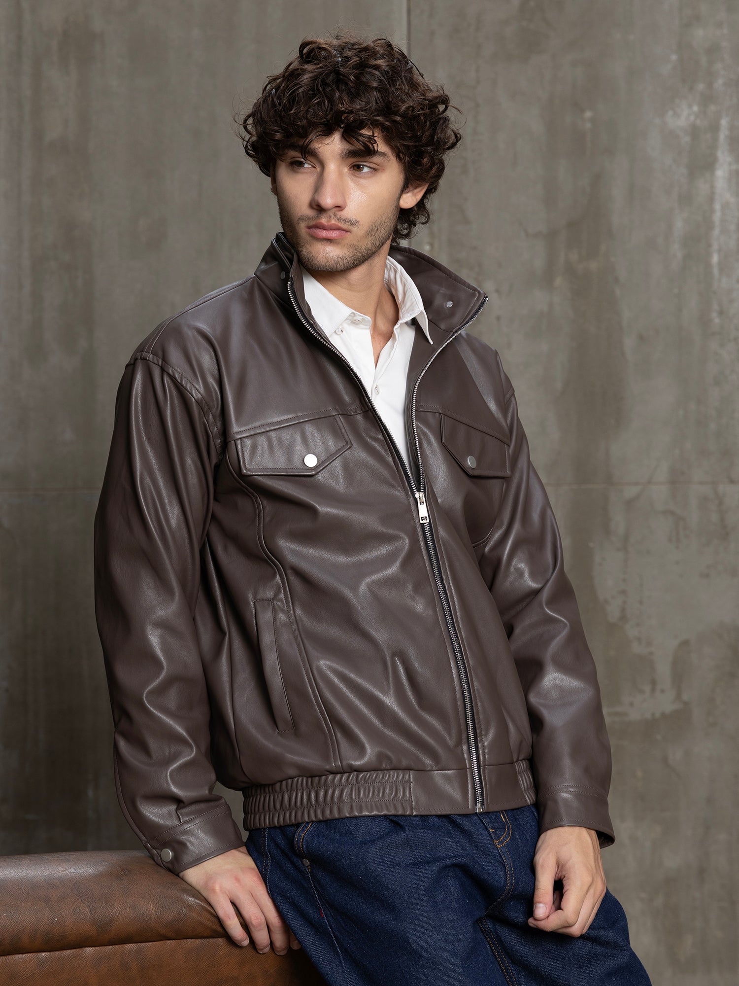 Men Dark Brown Solid Full Sleeve Smart Casual Jacket