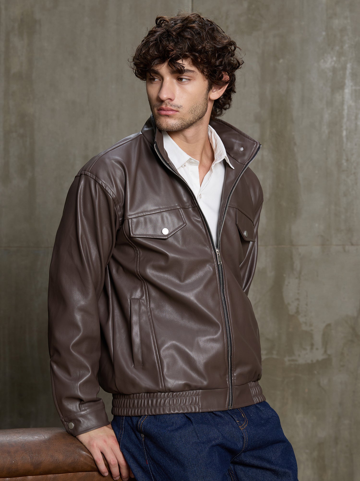 Men Dark Brown Solid Full Sleeve Smart Casual Jacket
