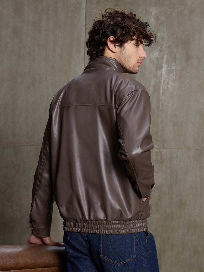 Men Dark Brown Solid Full Sleeve Smart Casual Jacket