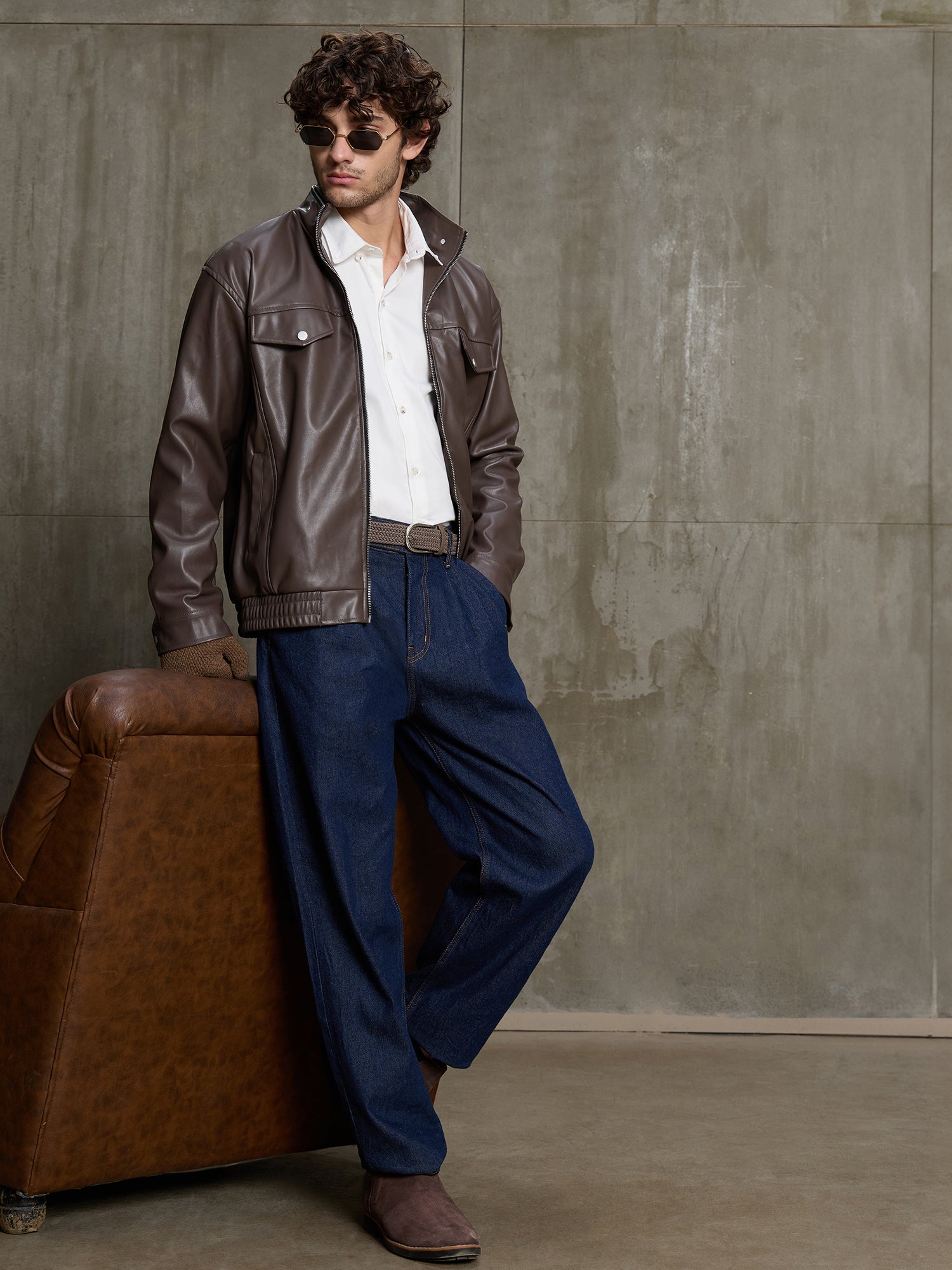 Men Dark Brown Solid Full Sleeve Smart Casual Jacket