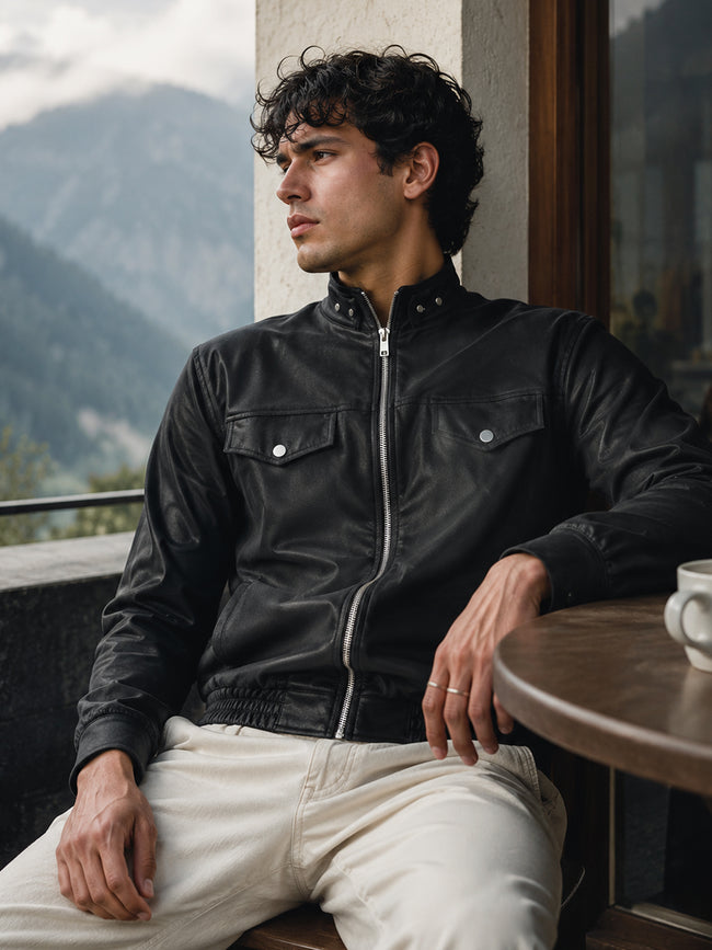 Men Black Textured Full Sleeve Casual Jacket