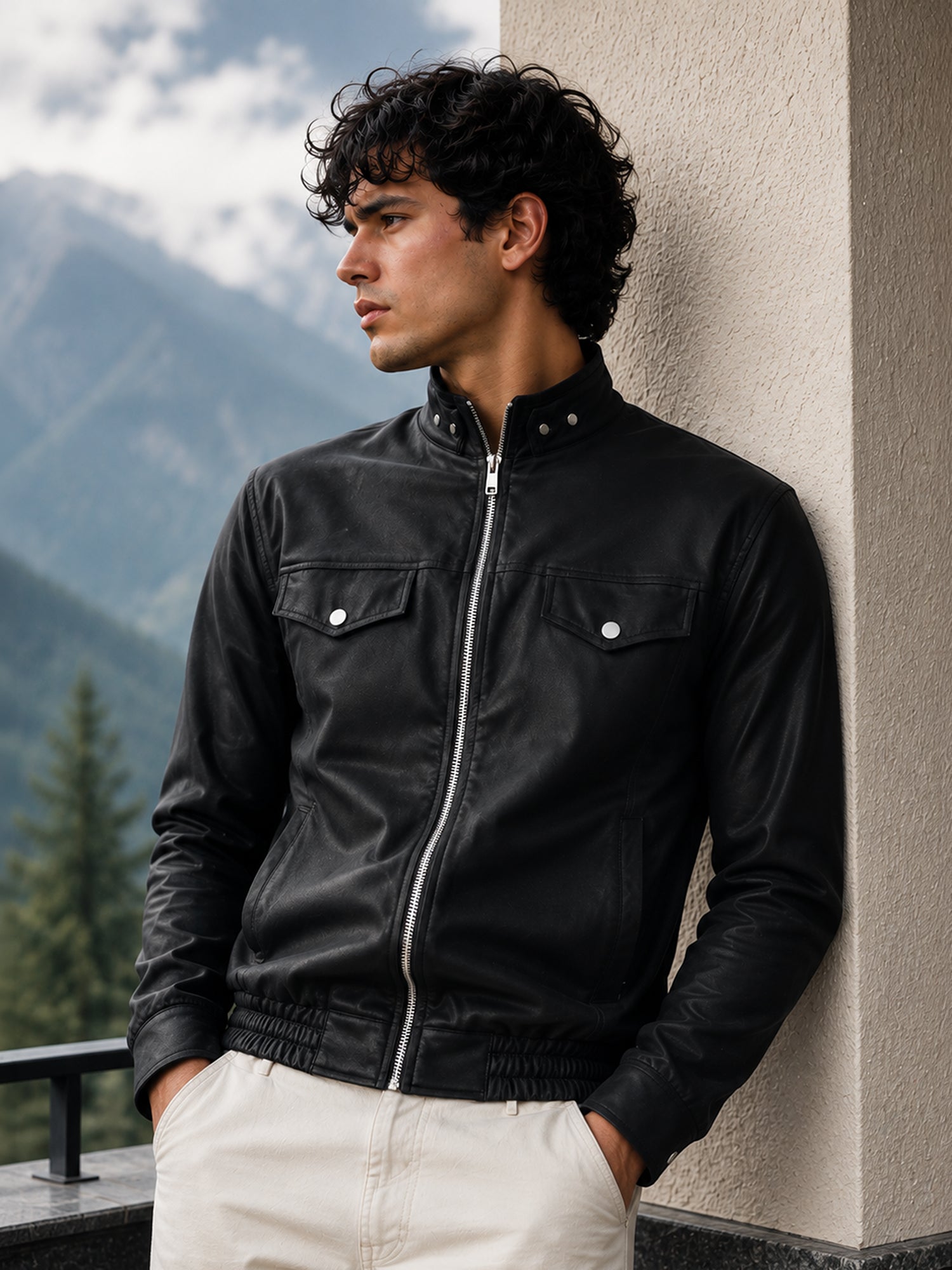 Men Black Textured Full Sleeve Casual Jacket