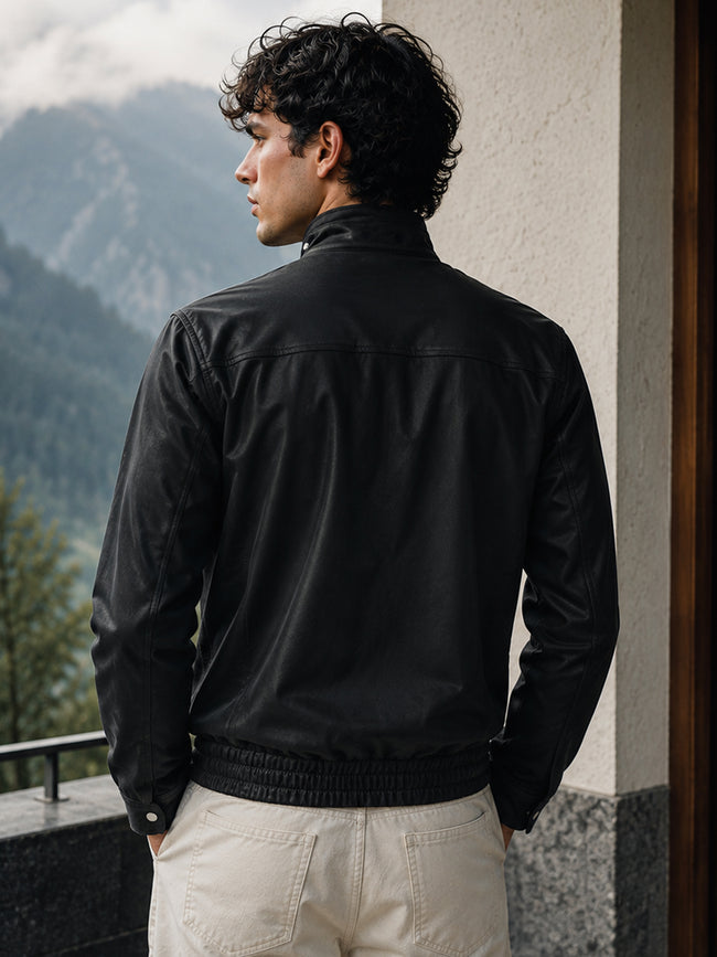 Men Black Textured Full Sleeve Casual Jacket