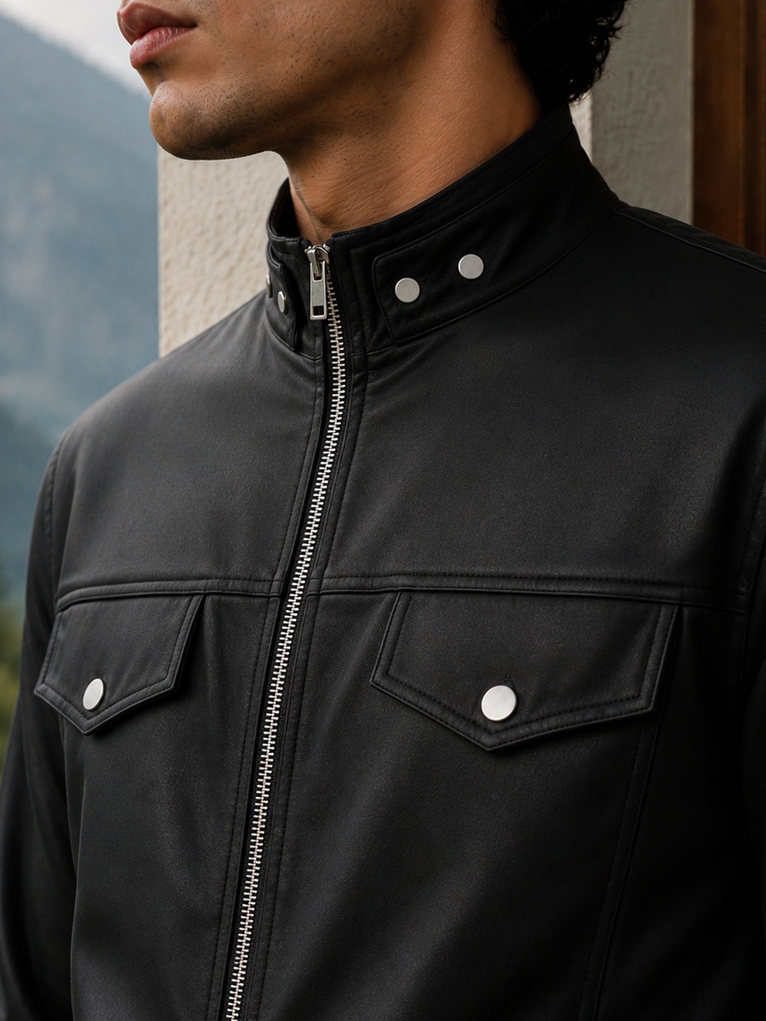Men Black Textured Full Sleeve Casual Jacket