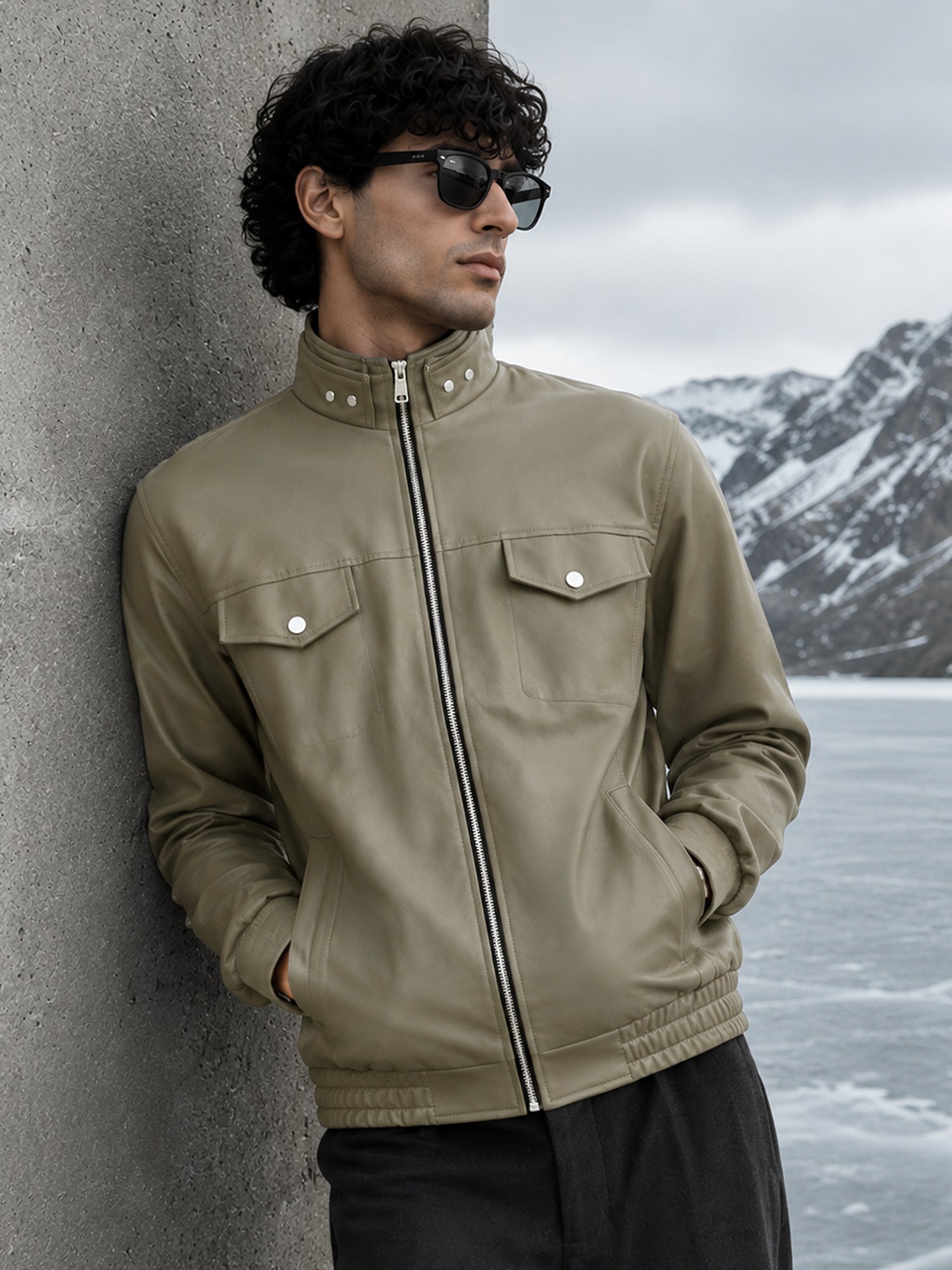 Men Olive Solid Regular Fit Casual Jacket