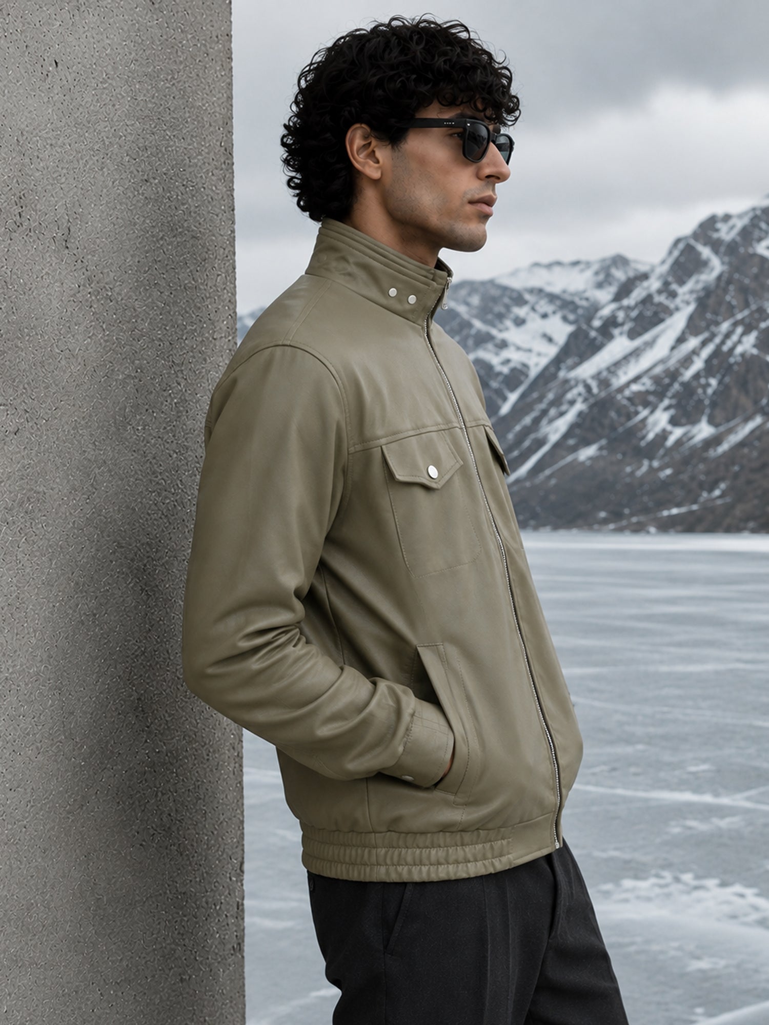 Men Olive Solid Regular Fit Casual Jacket
