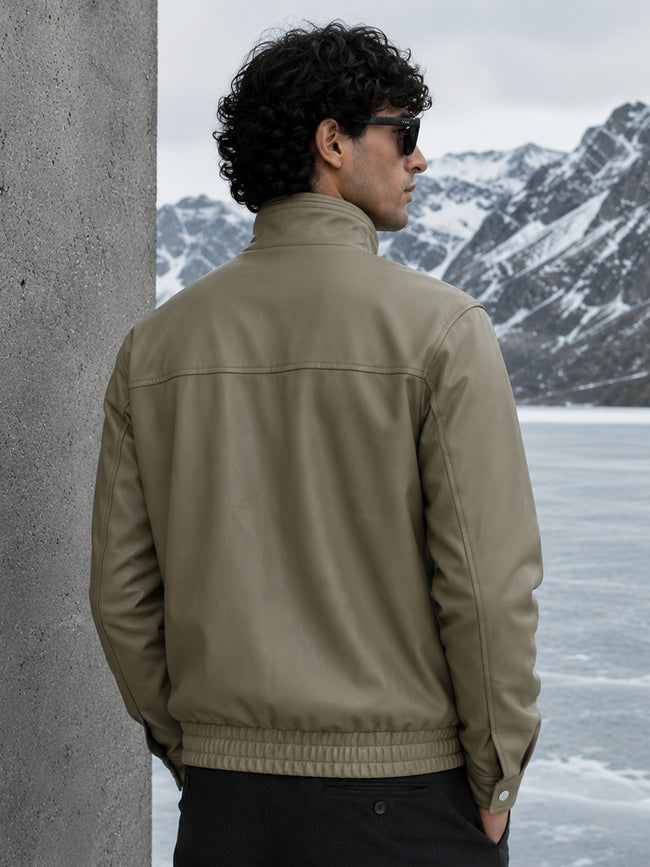 Men Olive Solid Regular Fit Casual Jacket