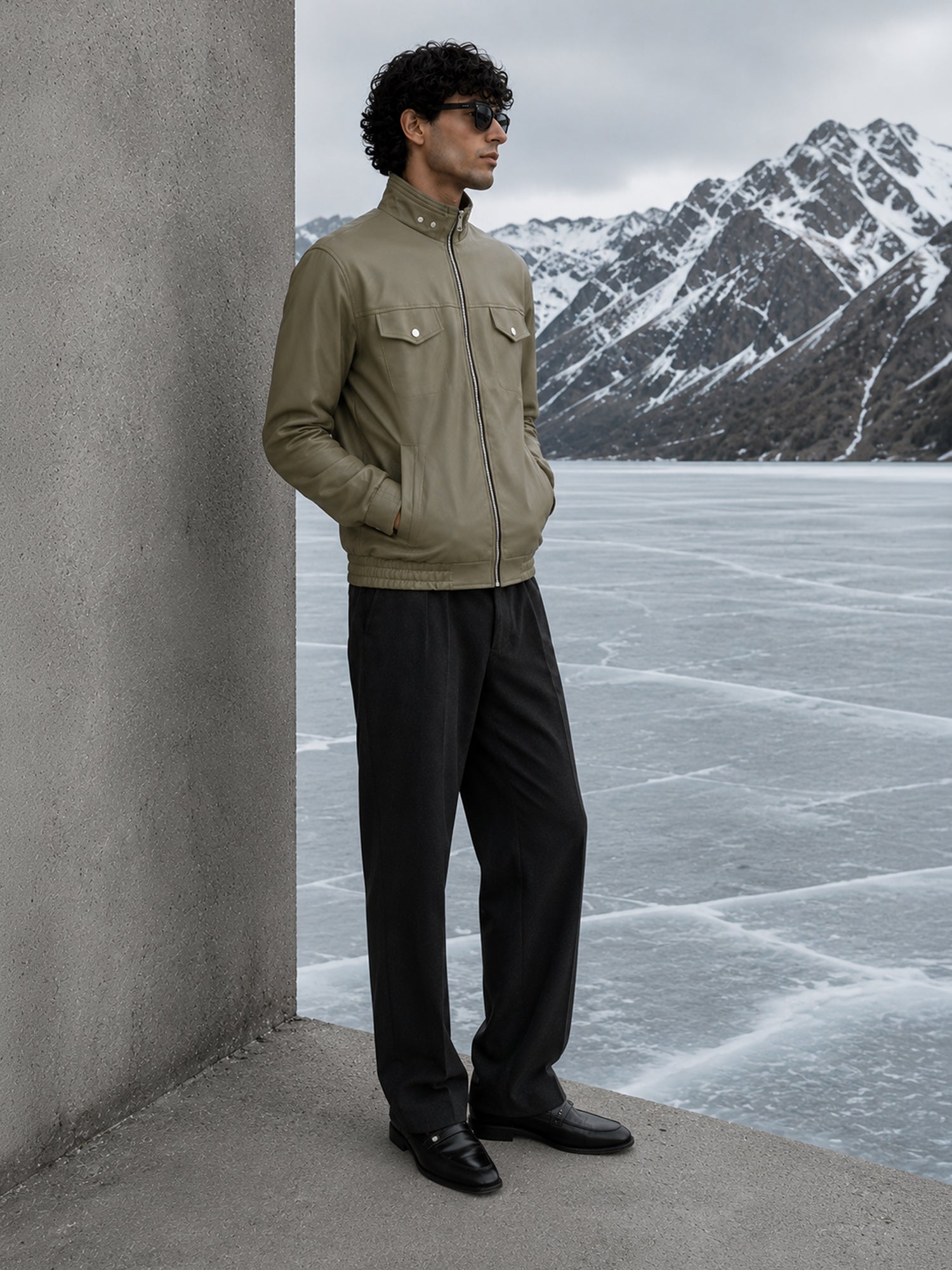 Men Olive Solid Regular Fit Casual Jacket