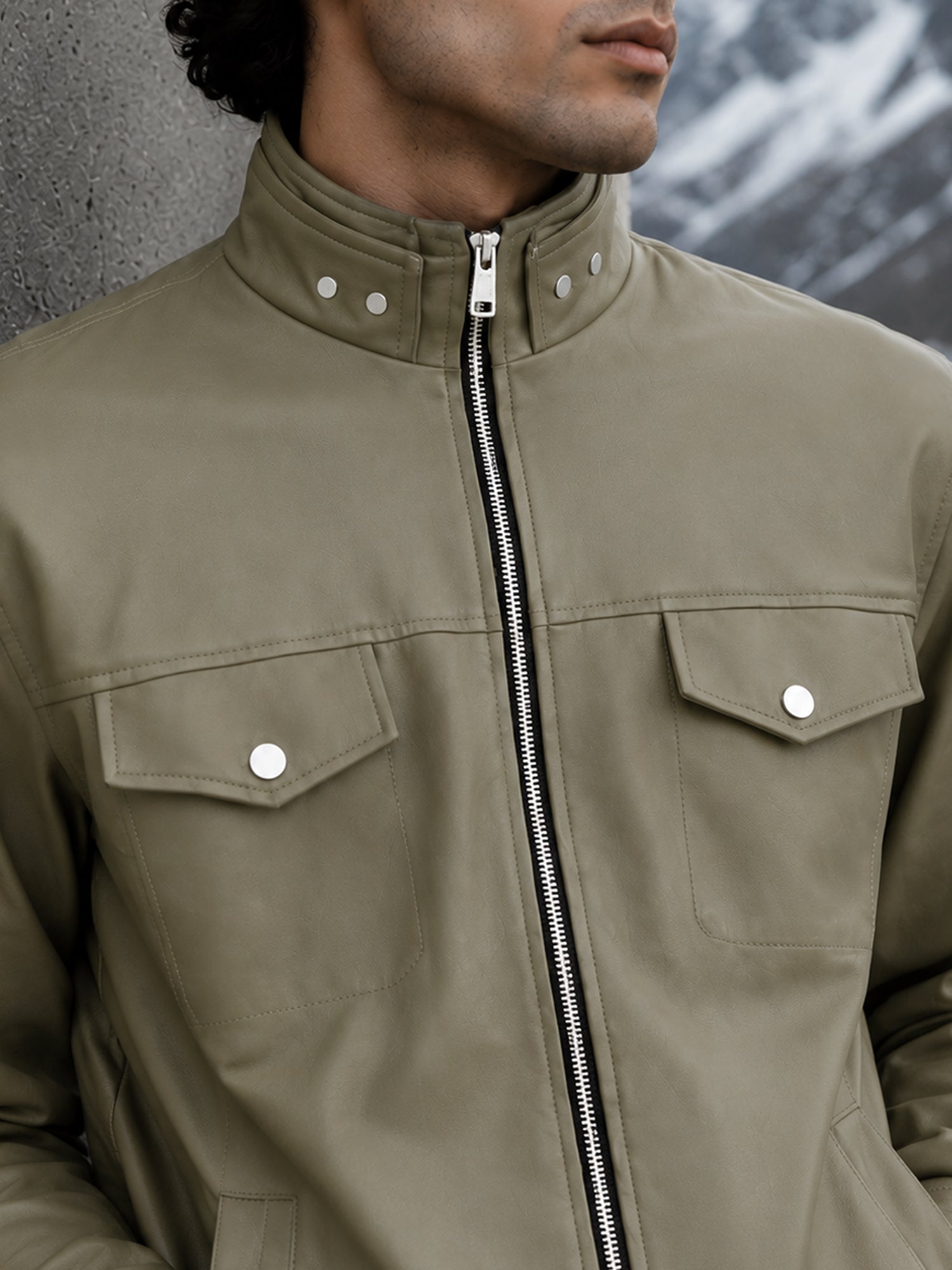 Men Olive Solid Regular Fit Casual Jacket