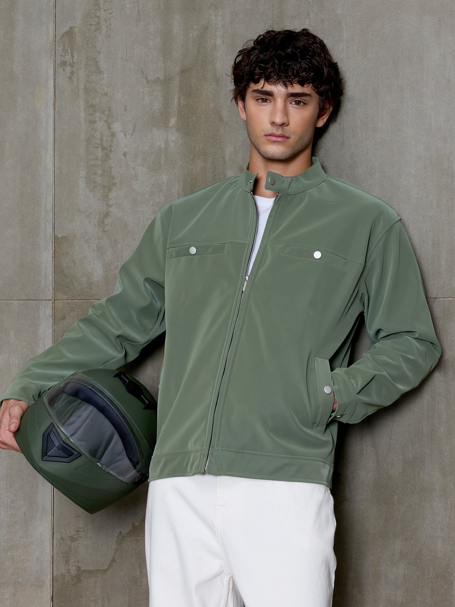 Men Sage Green Solid Full Sleeve Casual Jacket