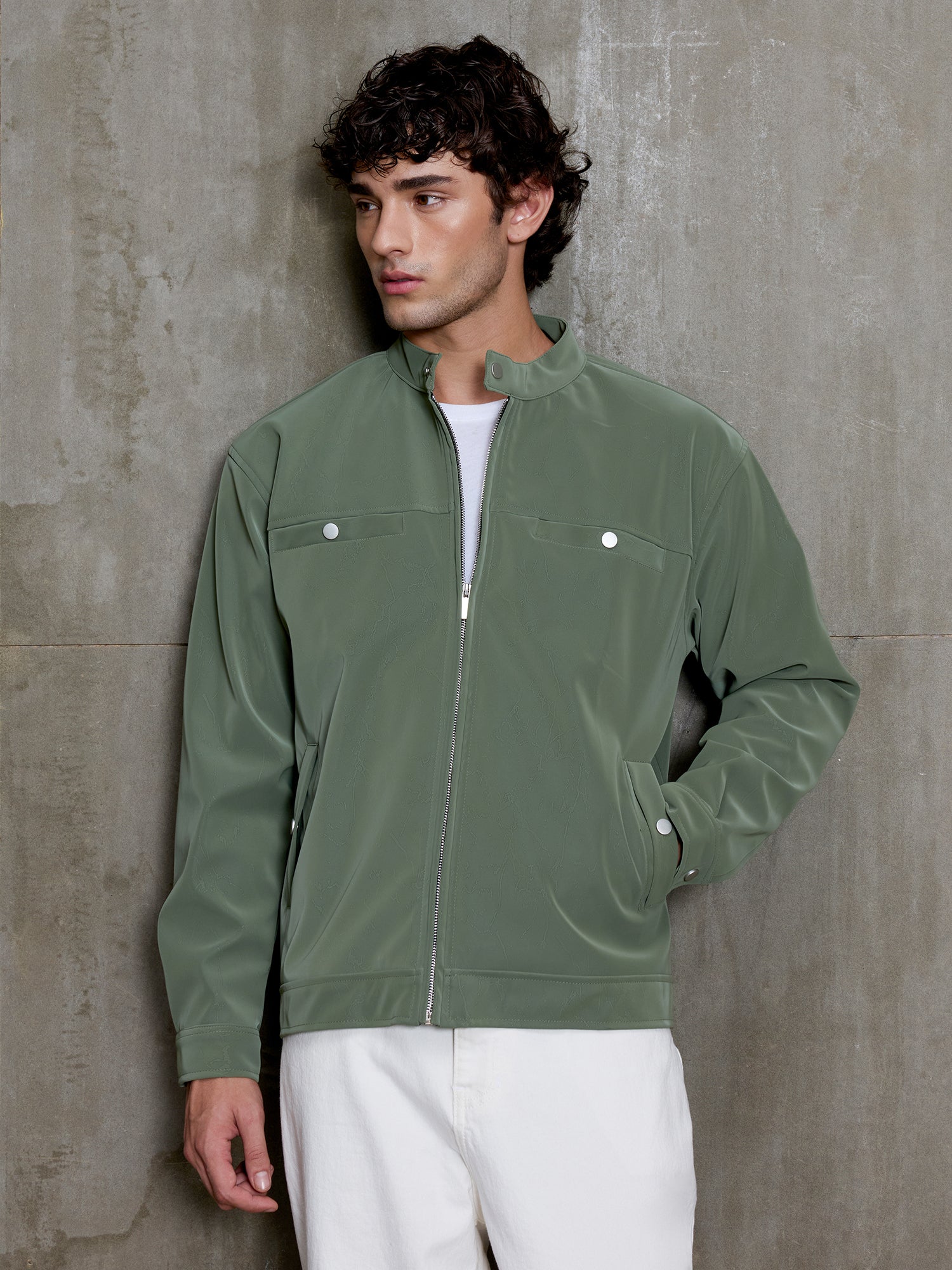 Men Sage Green Solid Full Sleeve Casual Jacket