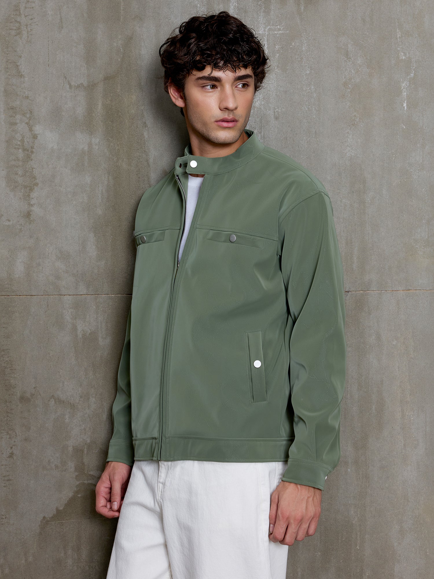 Men Sage Green Solid Full Sleeve Casual Jacket