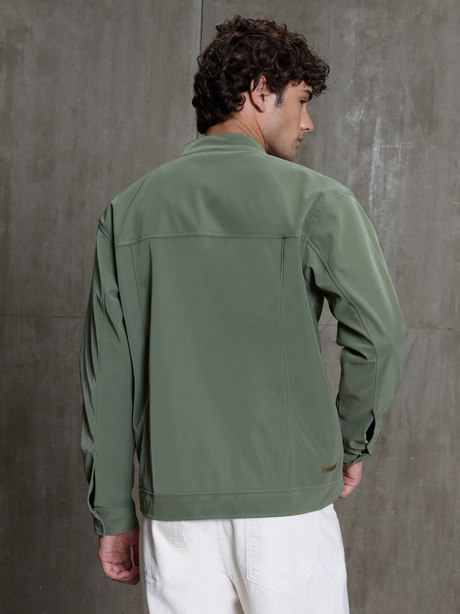 Men Sage Green Solid Full Sleeve Casual Jacket