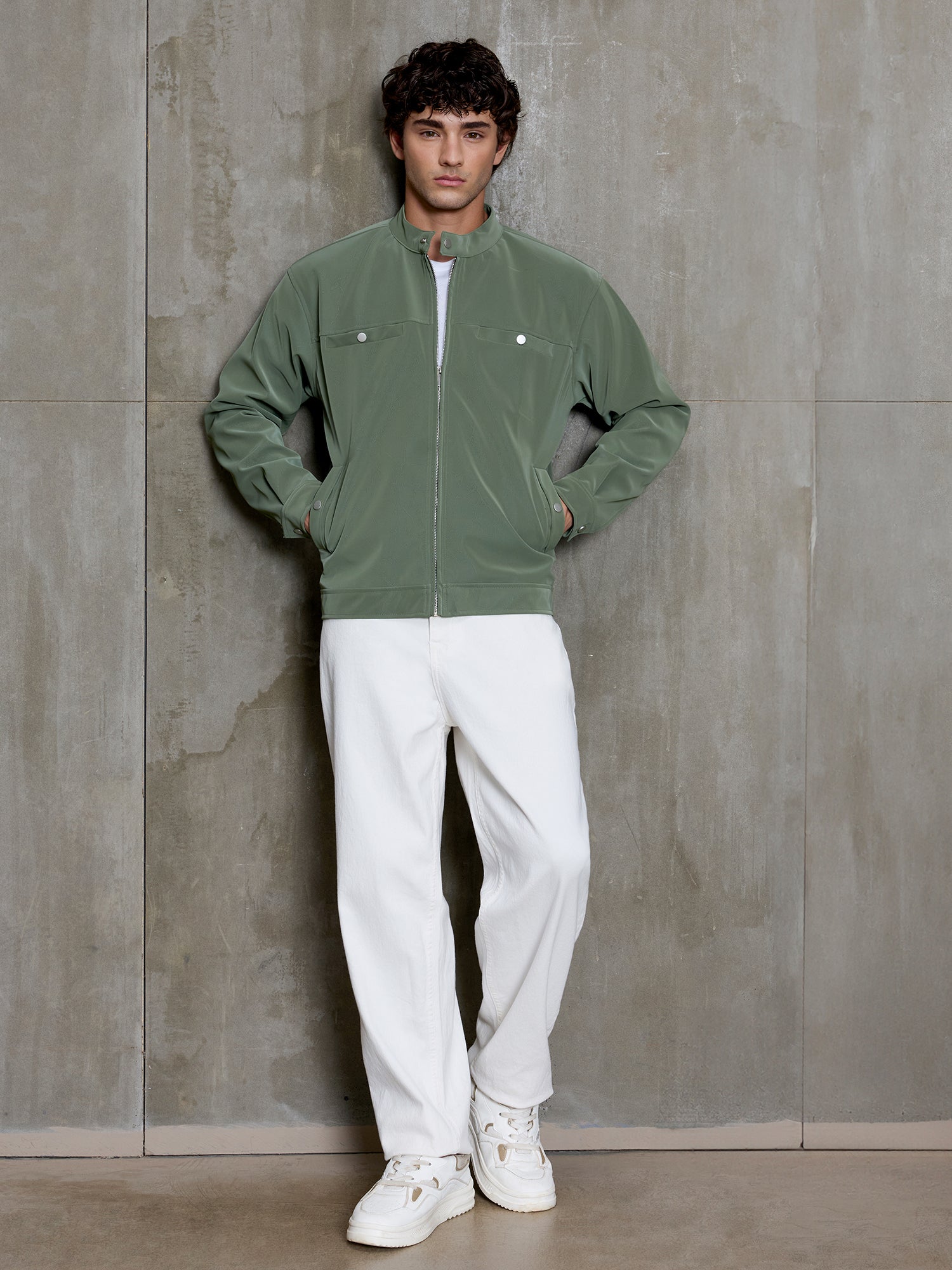 Men Sage Green Solid Full Sleeve Casual Jacket