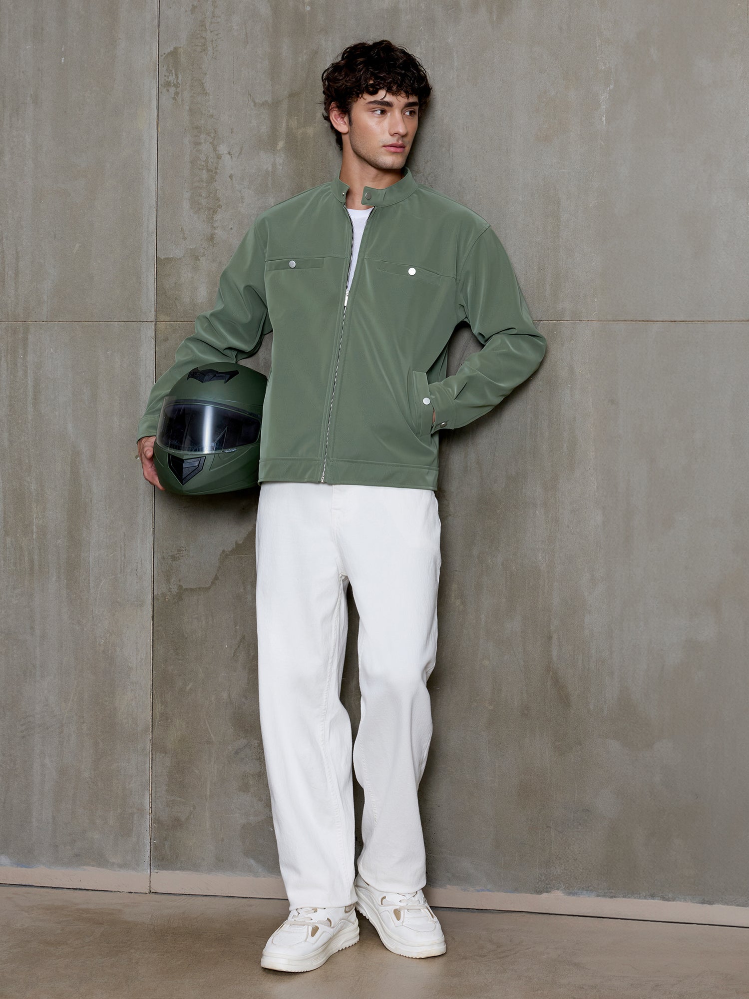 Men Sage Green Solid Full Sleeve Casual Jacket