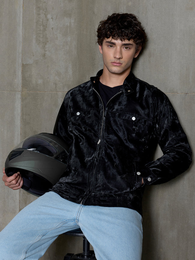 Men Black Solid Regular Fit Casual Jacket