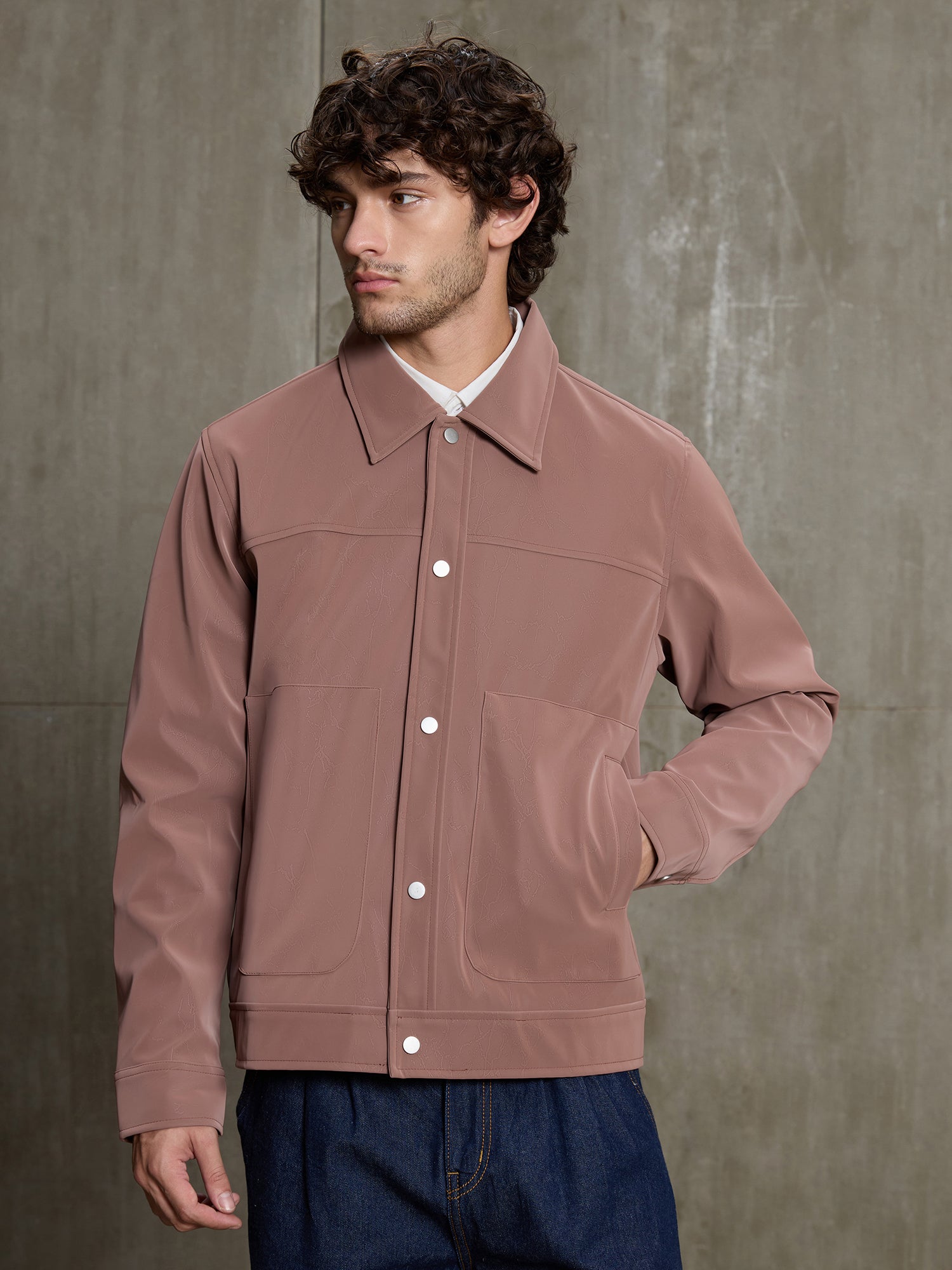 Men Mauve Textured Full Sleeve Casual Jacket