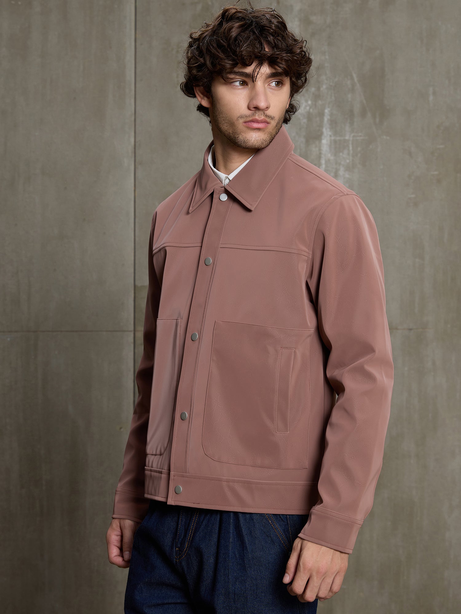 Men Mauve Textured Full Sleeve Casual Jacket