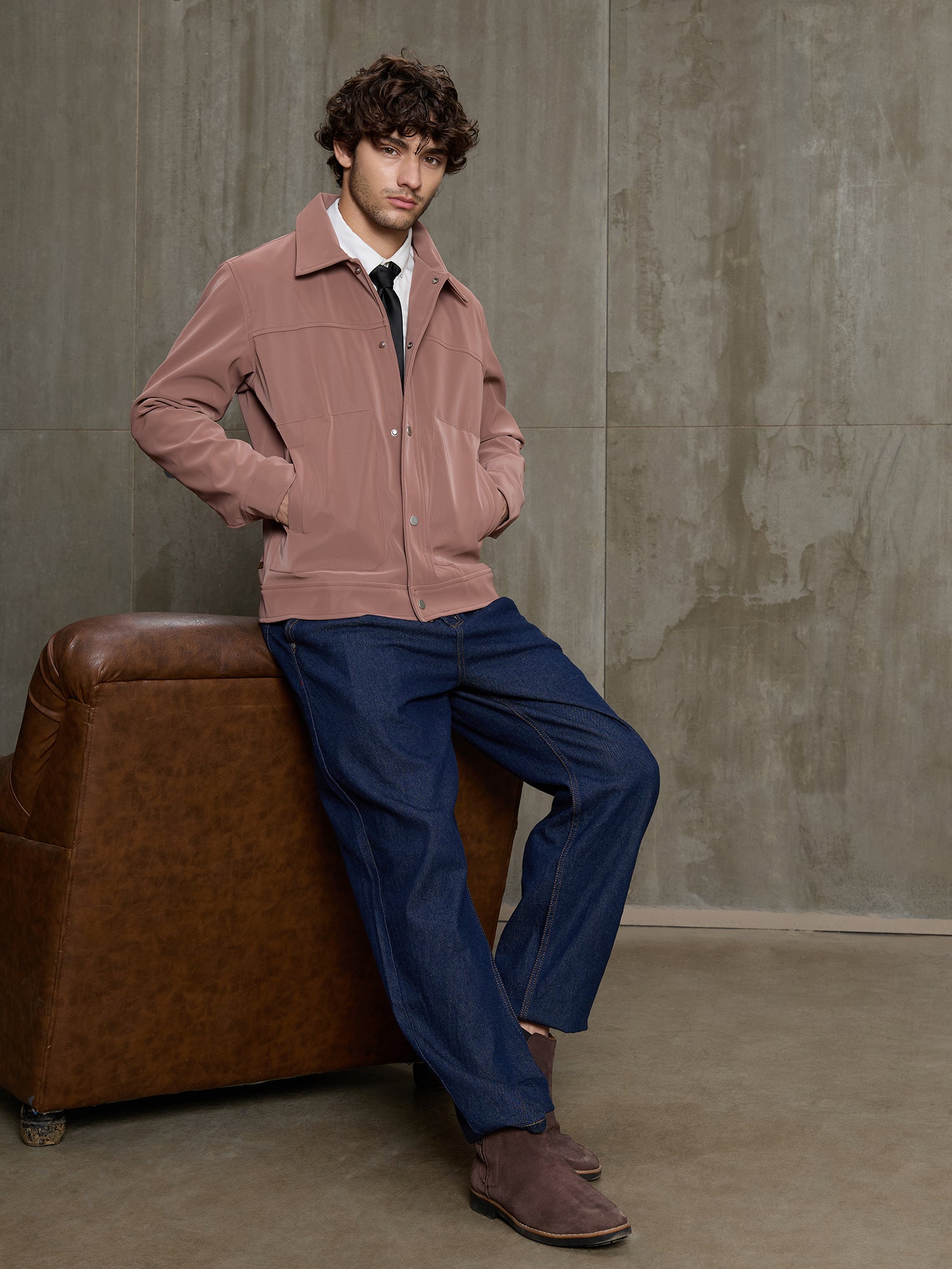 Men Mauve Textured Full Sleeve Casual Jacket