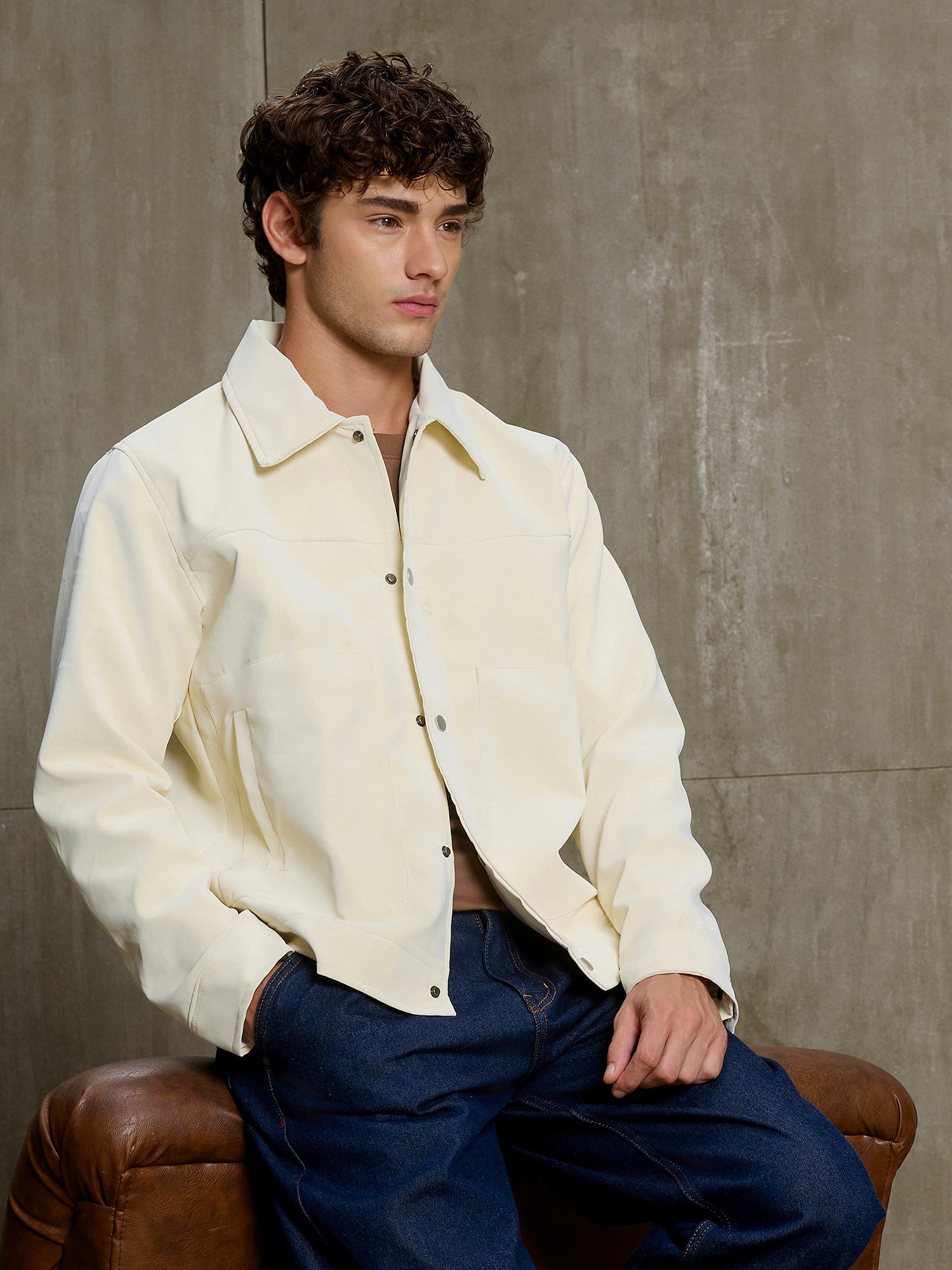 Men Off-White Solid Full Sleeve Casual Jacket