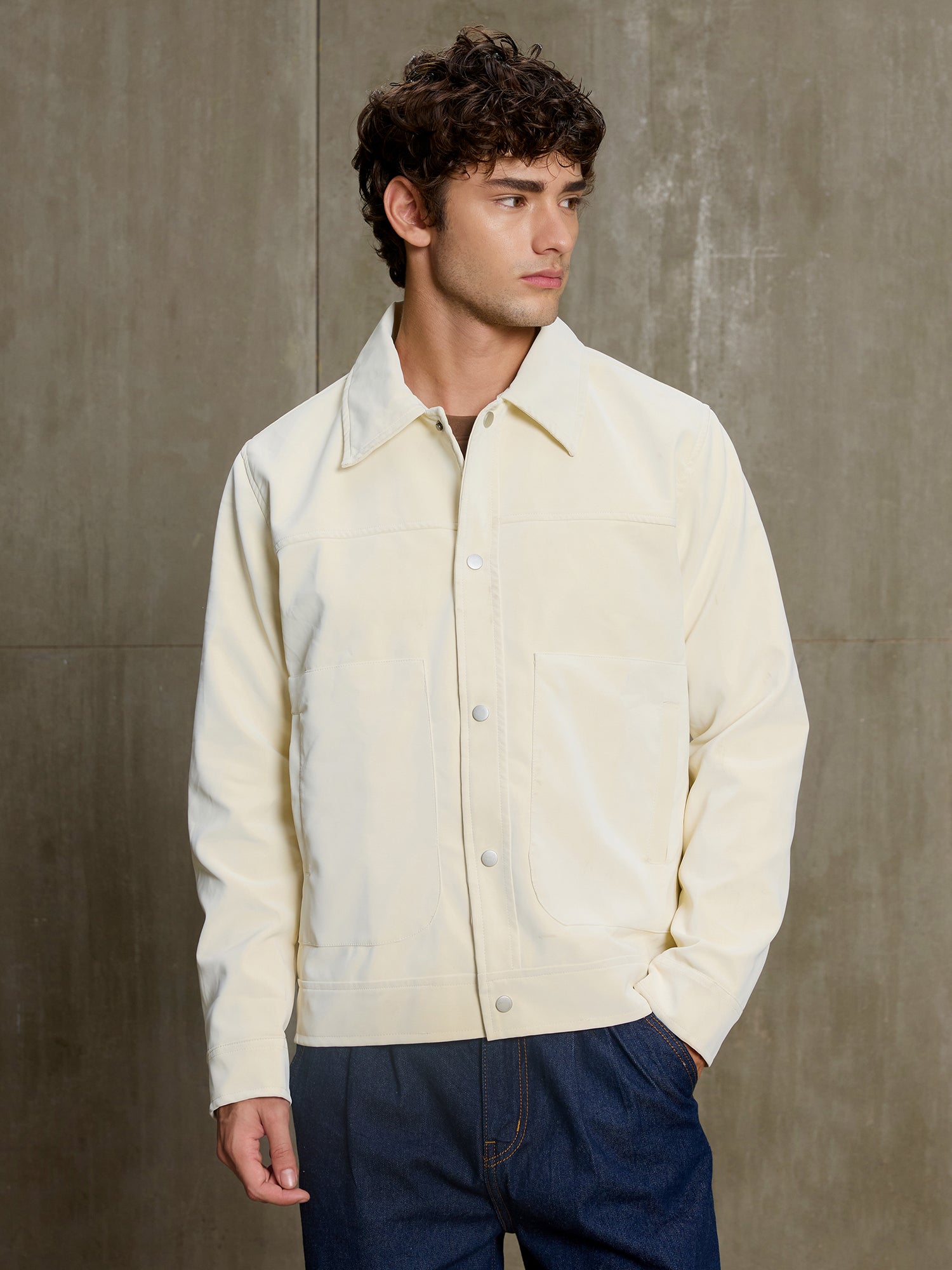 Men Off-White Solid Full Sleeve Casual Jacket