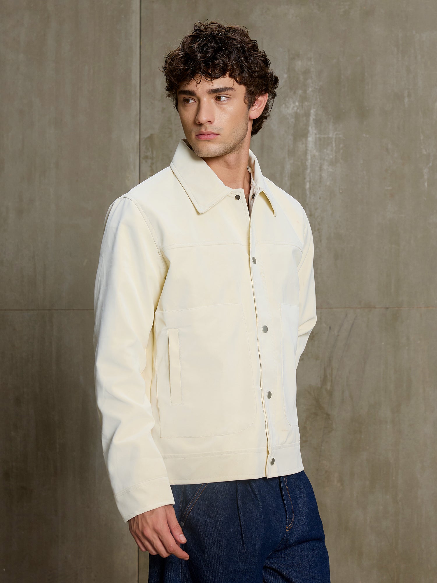 Men Off-White Solid Full Sleeve Casual Jacket