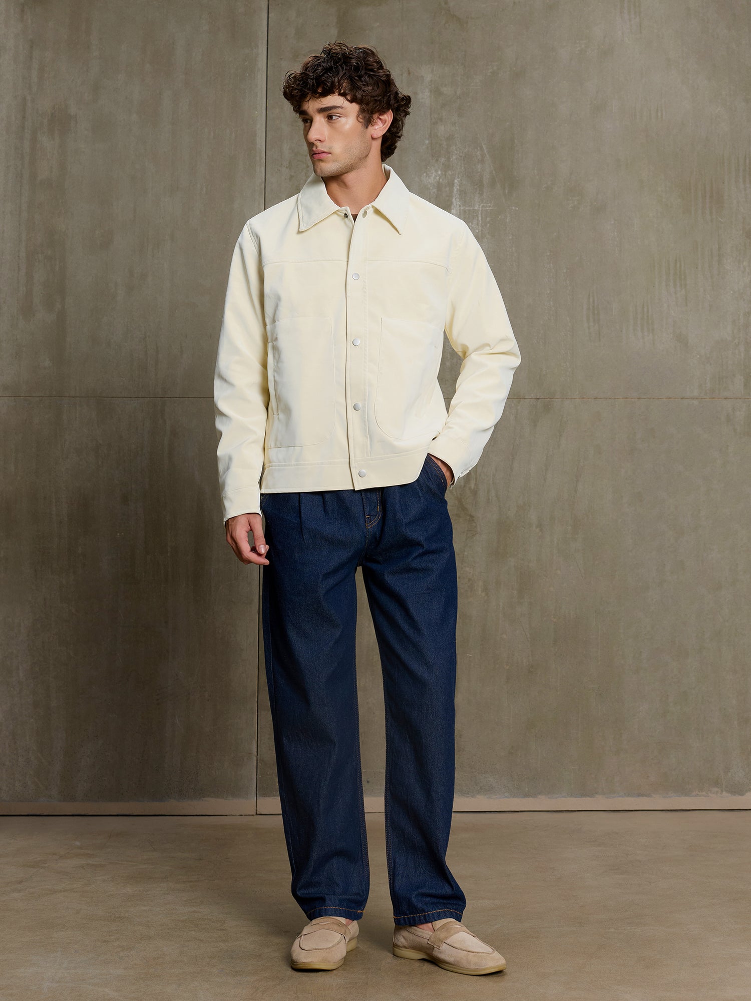 Men Off-White Solid Full Sleeve Casual Jacket