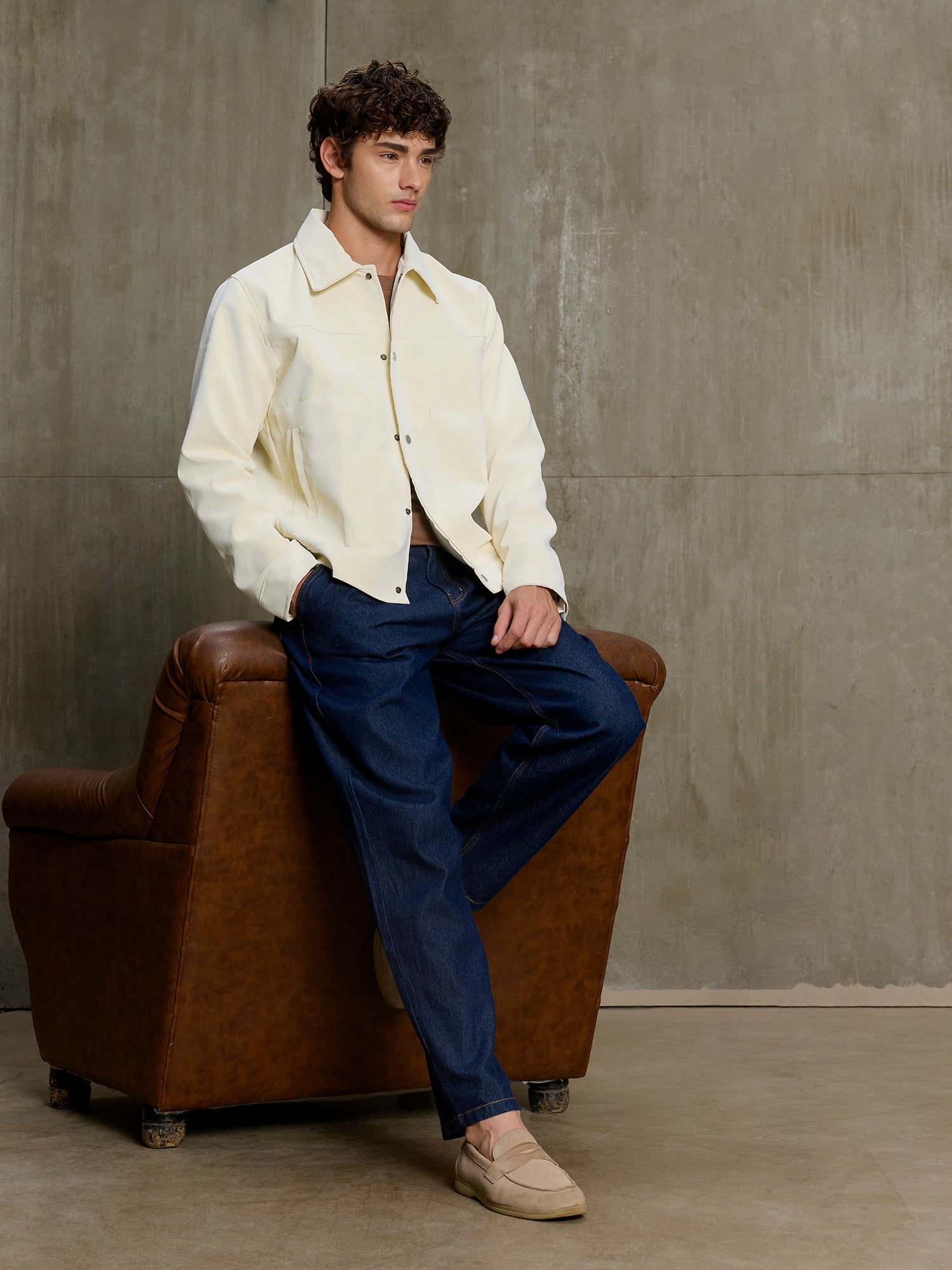 Men Off-White Solid Full Sleeve Casual Jacket