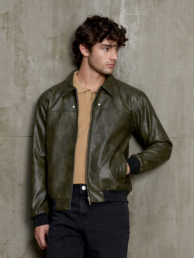 Men Olive Solid Full Sleeve Casual Jacket