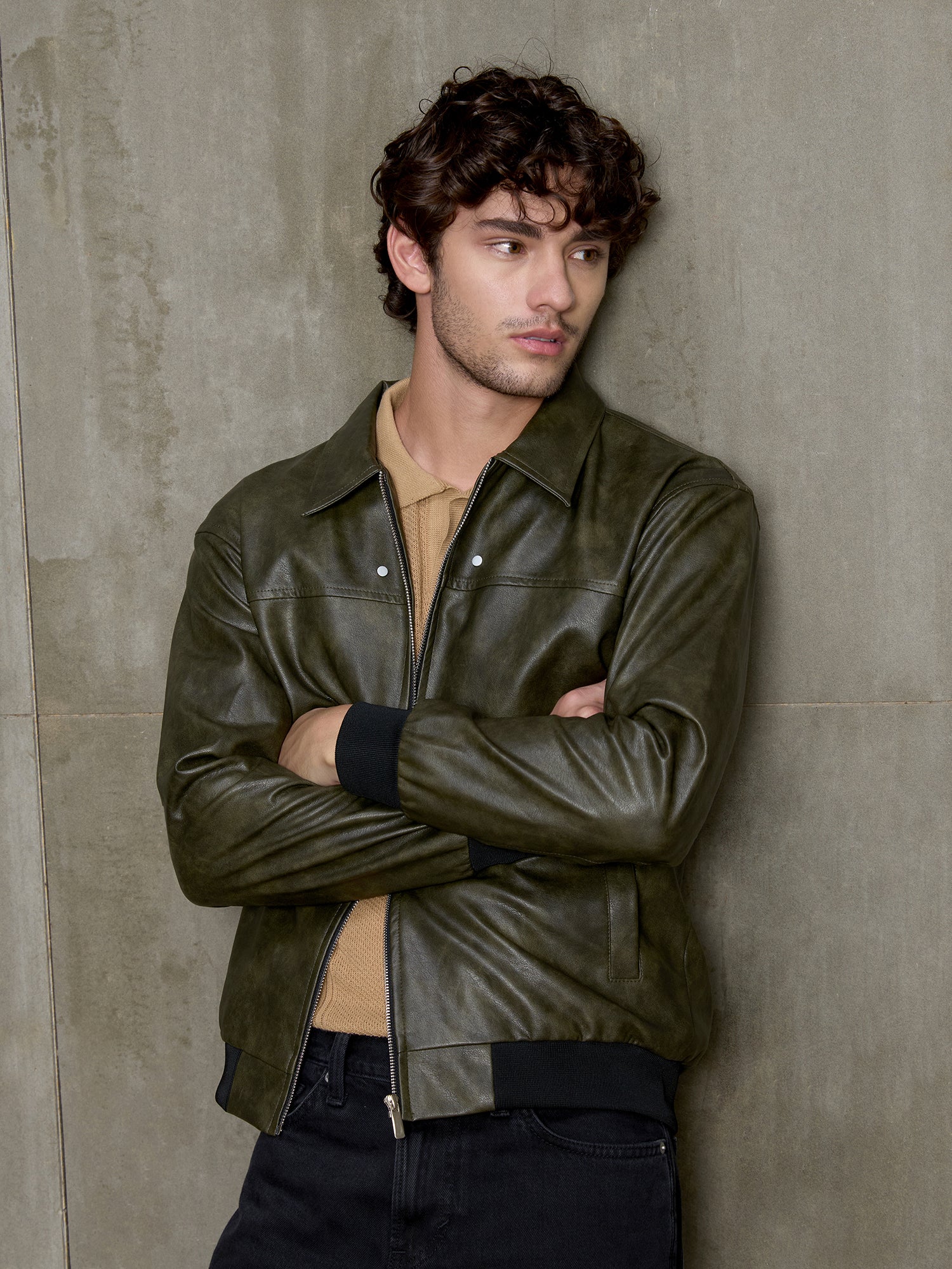 Men Olive Solid Full Sleeve Casual Jacket