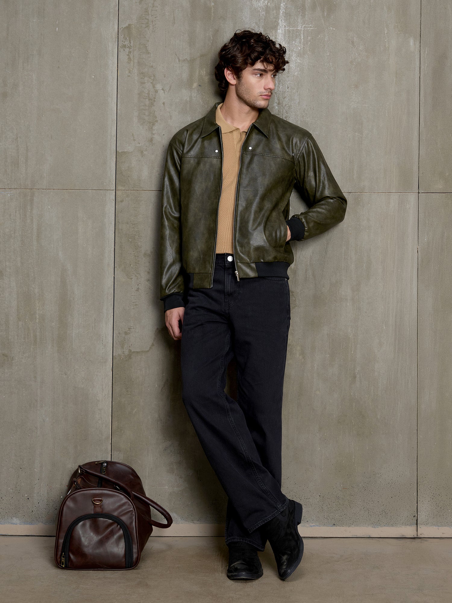 Men Olive Solid Full Sleeve Casual Jacket